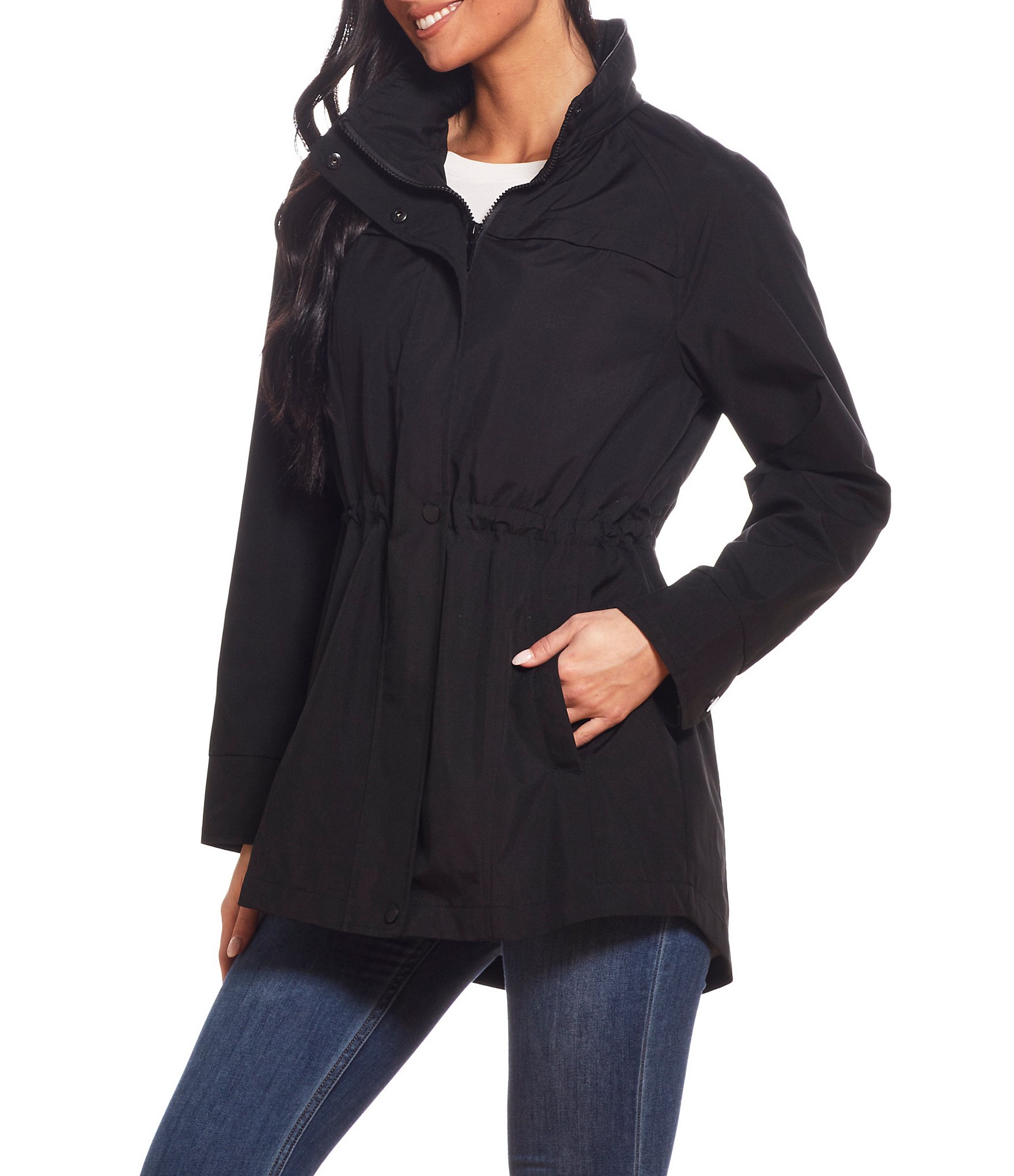 Gallery Stand Collar Removable Hood Snap Front Packable Rain Jacket