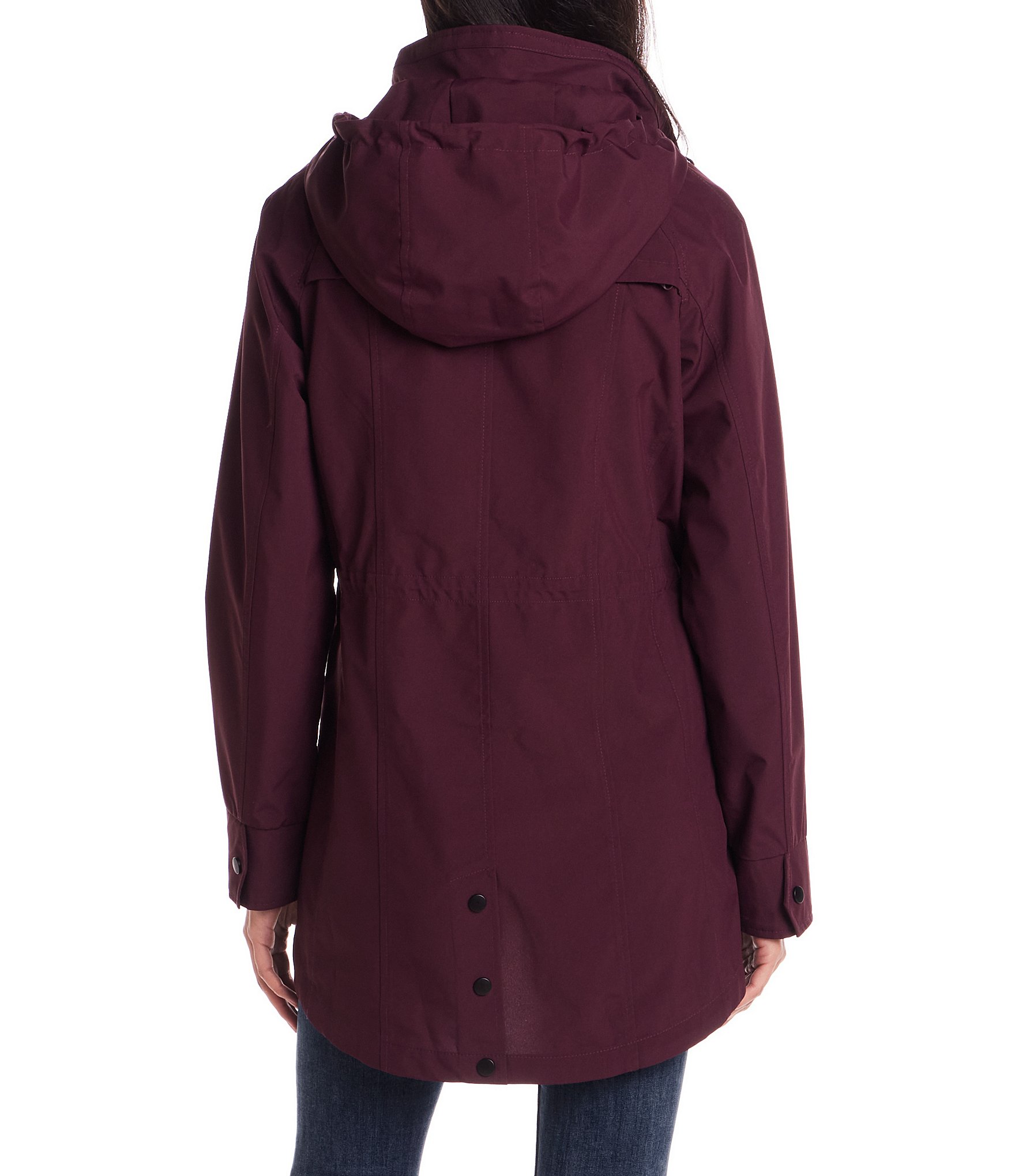 Gallery Stand Collar Removable Hood Snap Front Packable Rain Jacket