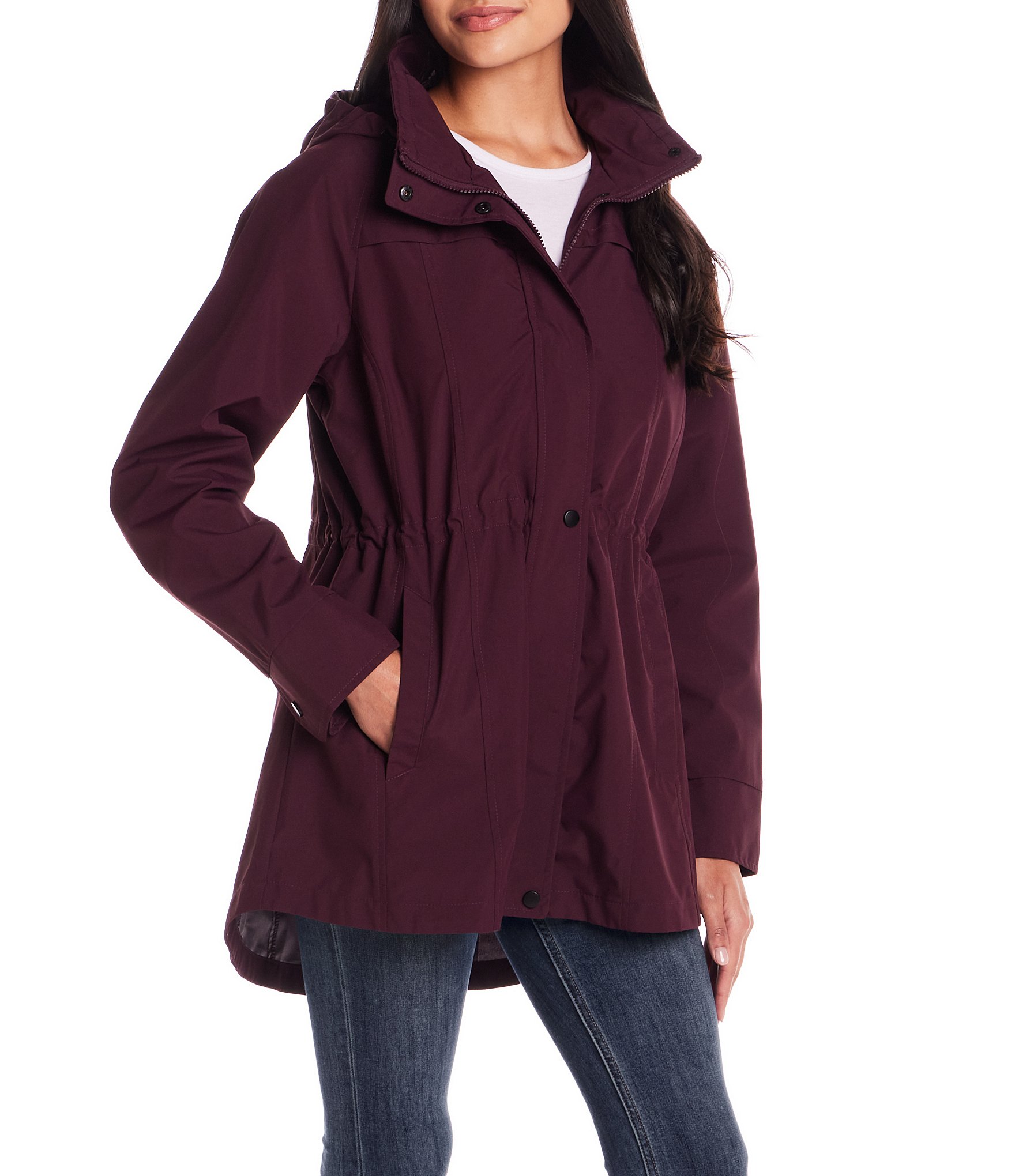Gallery Stand Collar Removable Hood Snap Front Packable Rain Jacket