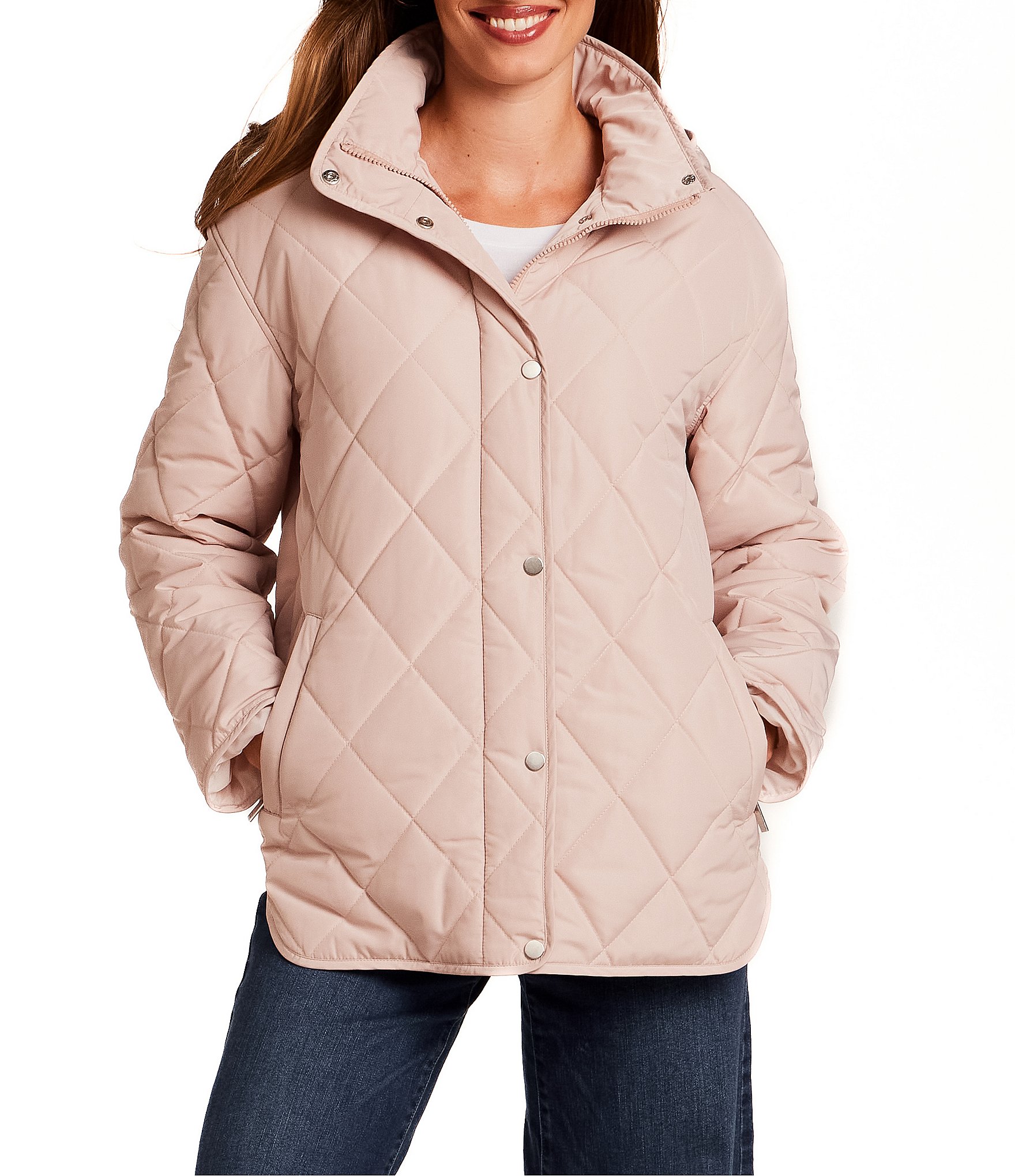 Gallery Stand Collar Water Resistant Snap Front Diamond Quilted Jacket
