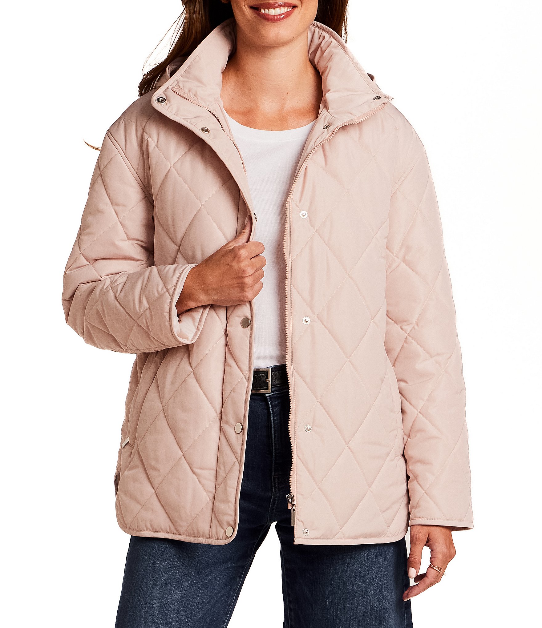 Gallery Stand Collar Water Resistant Snap Front Diamond Quilted Jacket