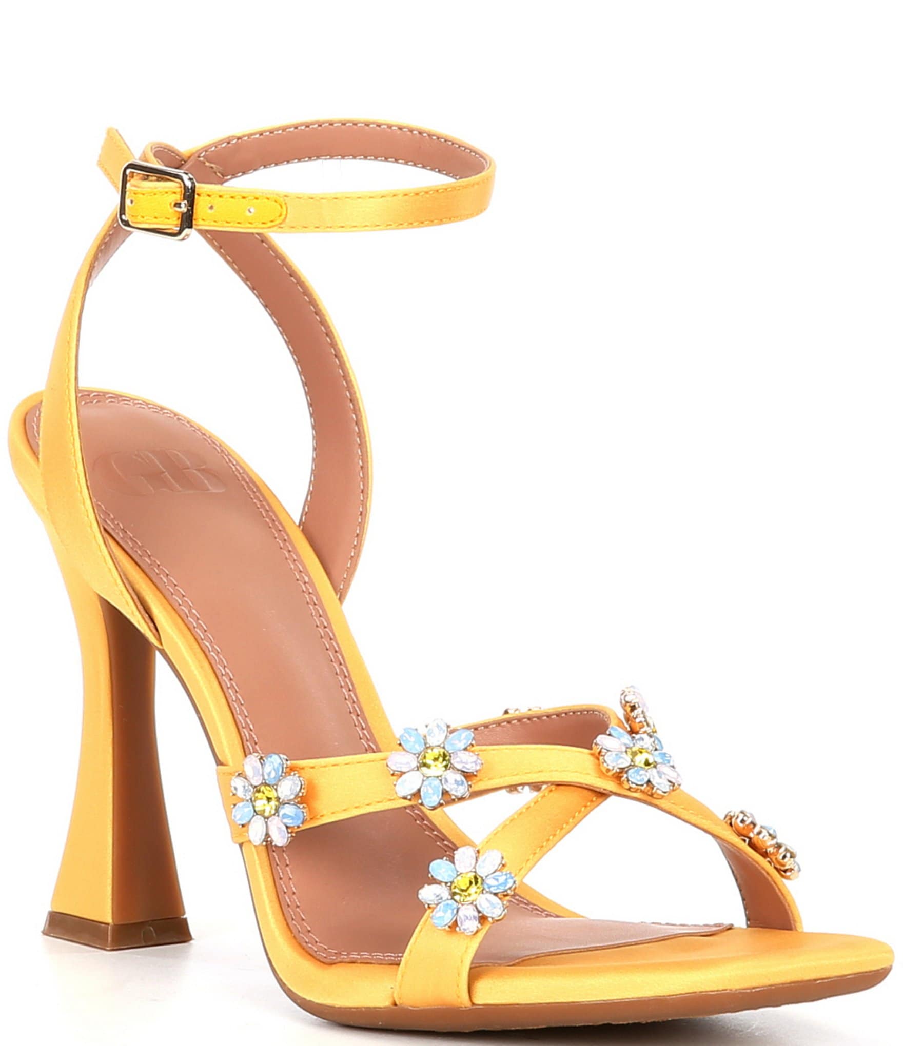GB Be-Jewled Satin Rhinestone Floral Square Toe Sandals | Dillard's