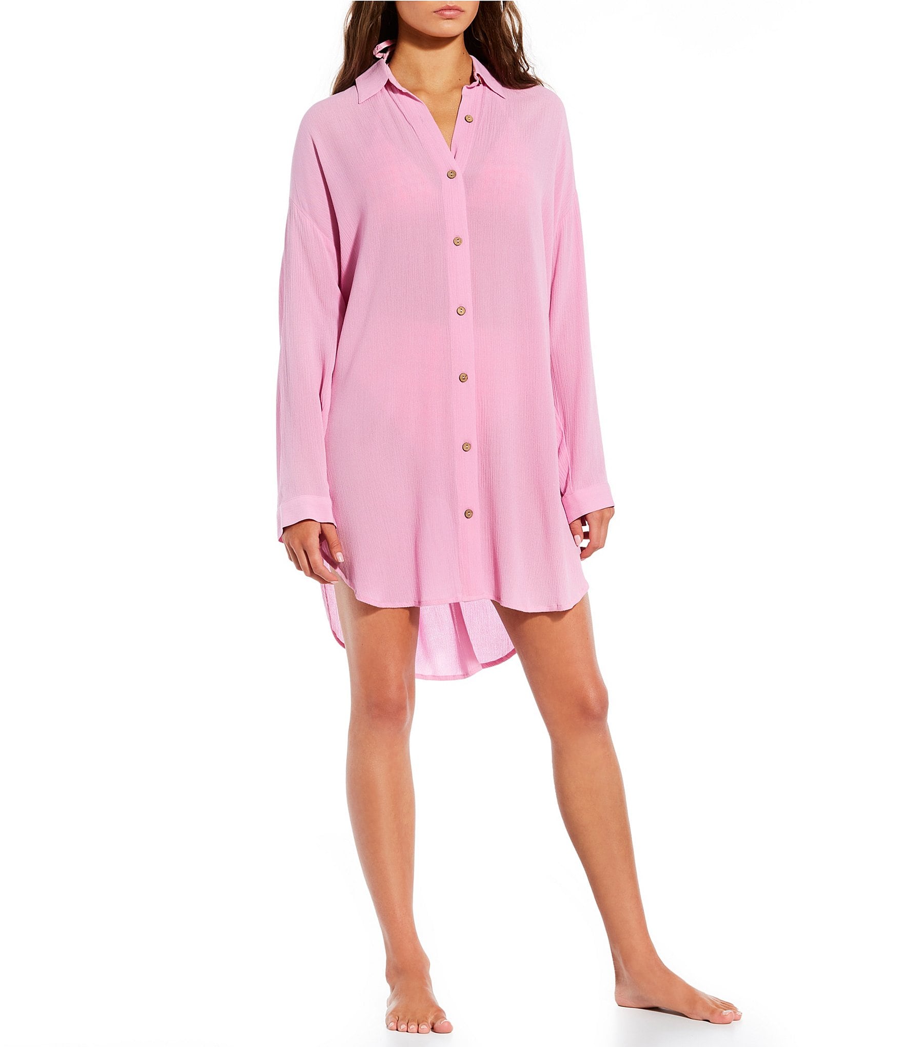 GB Button Front Long Sleeve Shirt Dress Cover-Up | Dillard's