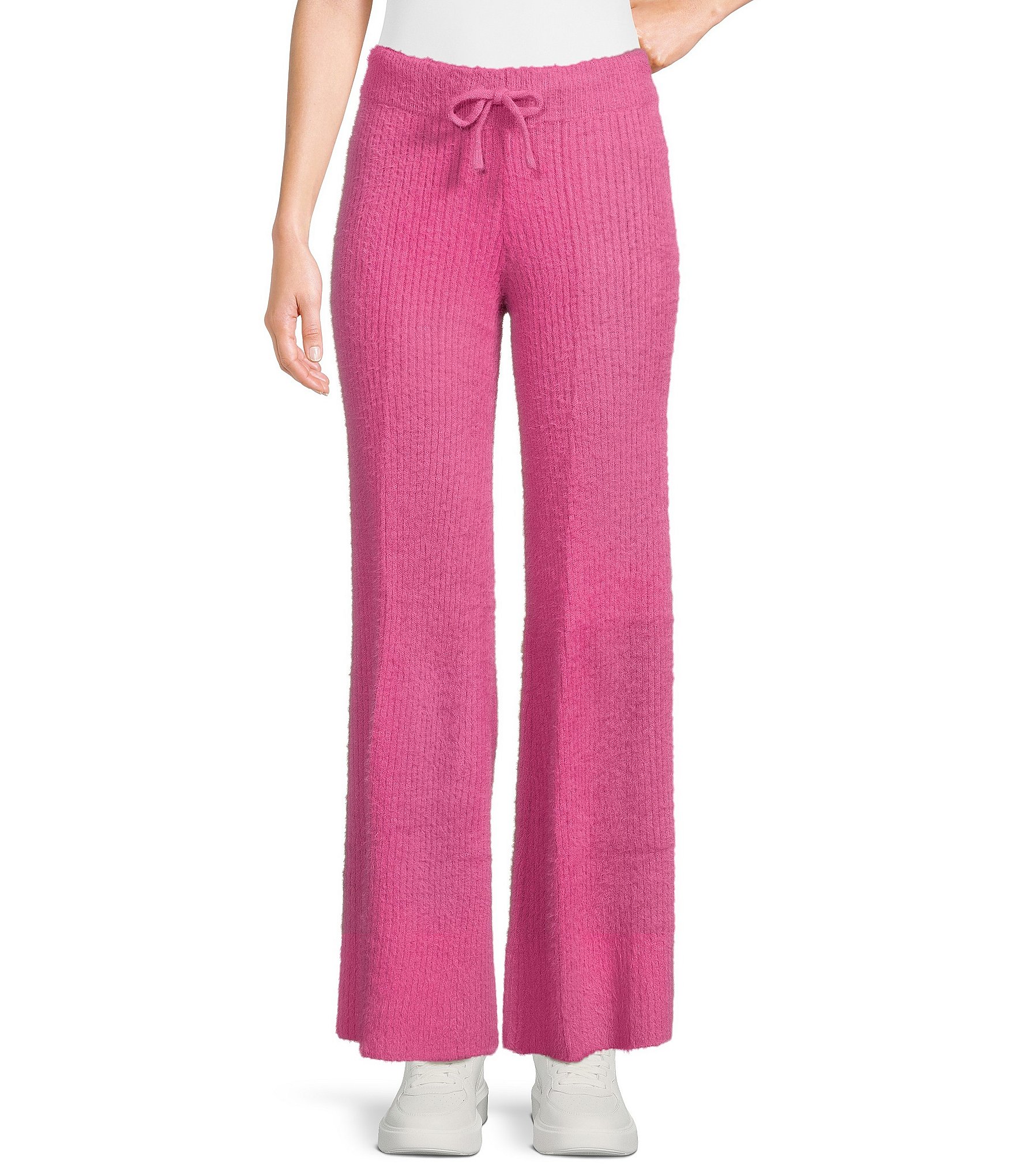 Women Pink Bell Bottom Kick Pleats Knitted Pants, Ladies Cotton