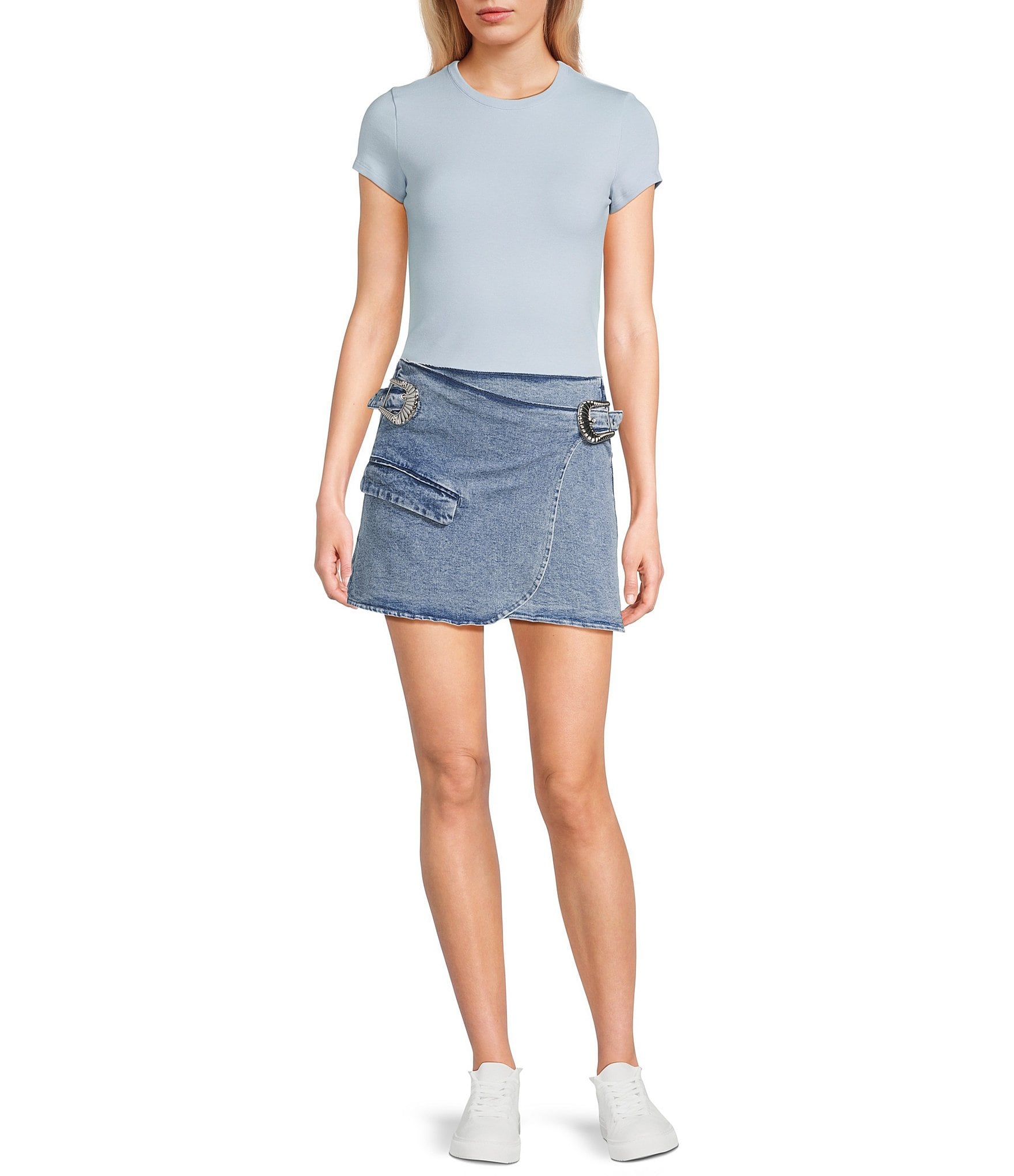 GB Double Buckle Denim Mini Skirt