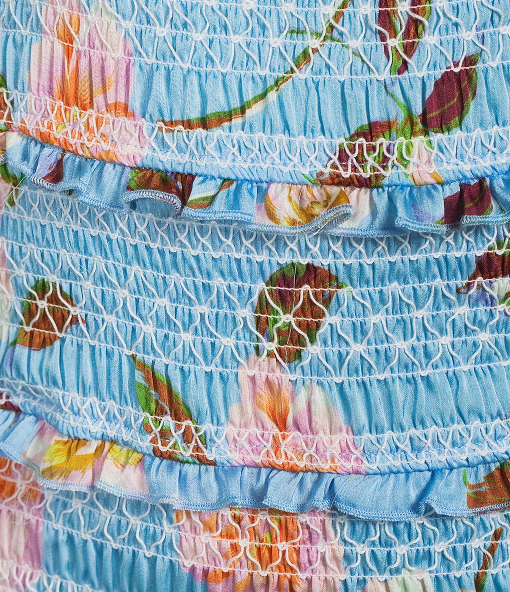 GB Floral Print Square Neck Smocked Tie Shoulder Bodycon Mini Dress