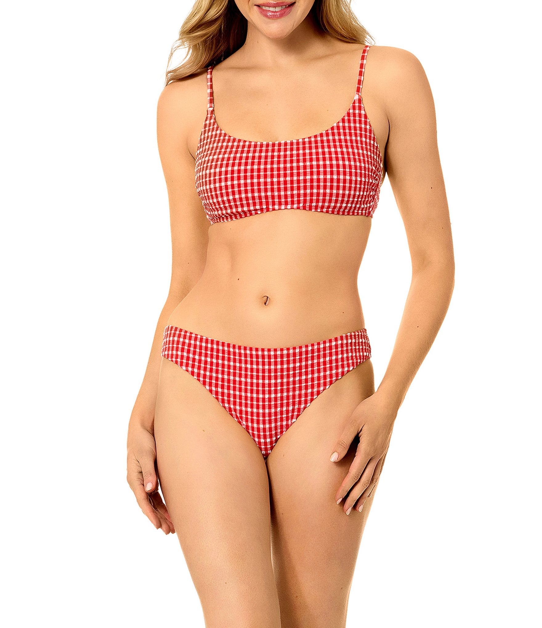 GB Gingham Seersucker Puff Scoop Bralette Swim Top