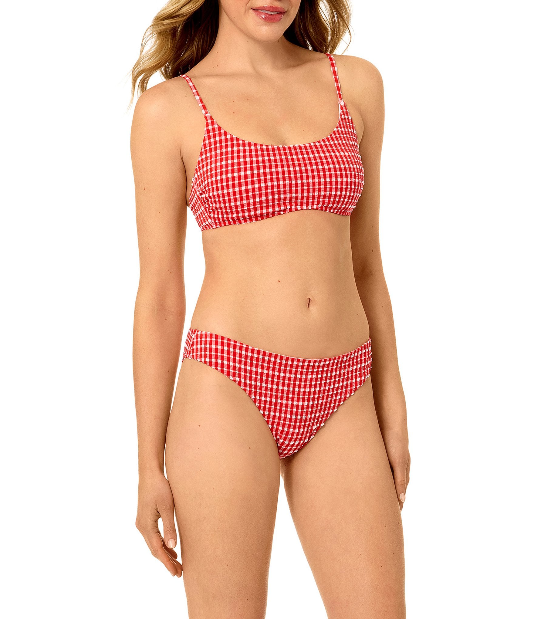 GB Gingham Seersucker Puff Scoop Bralette Swim Top