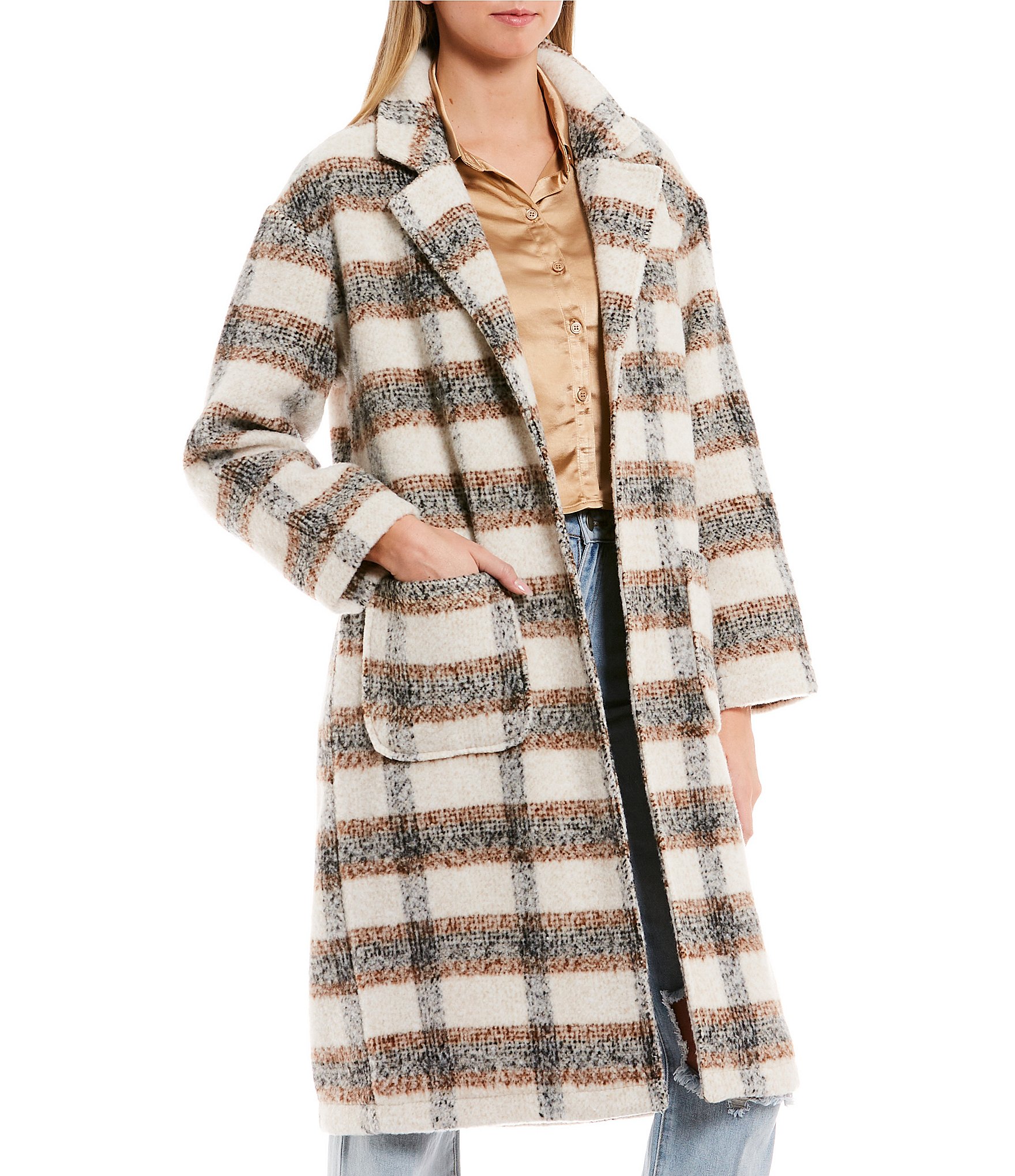 GB Ivory Plaid Print Open Front Trench Coat | Dillard's