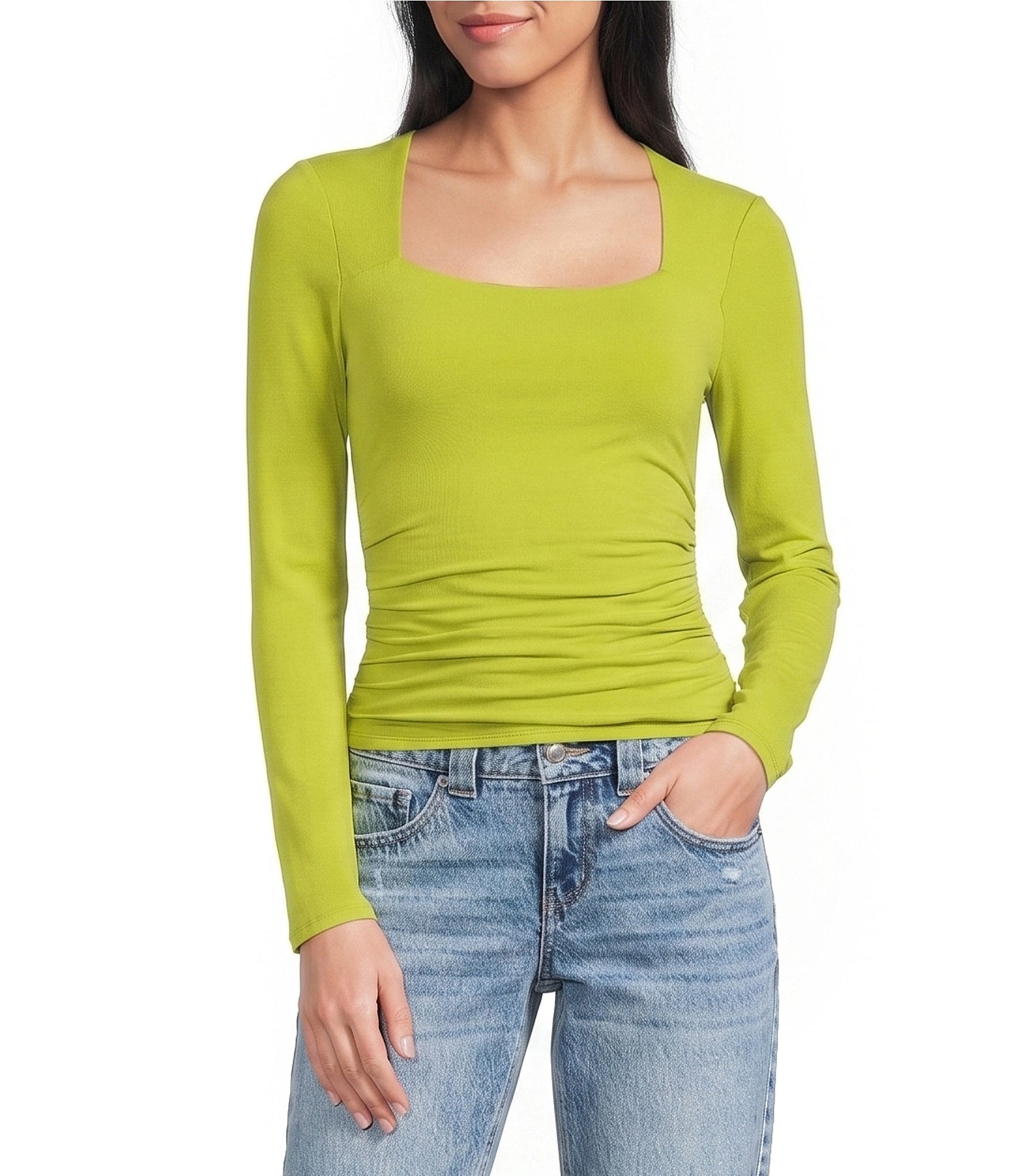 GB Knit Ruched Long Sleeve Square Neck Tee