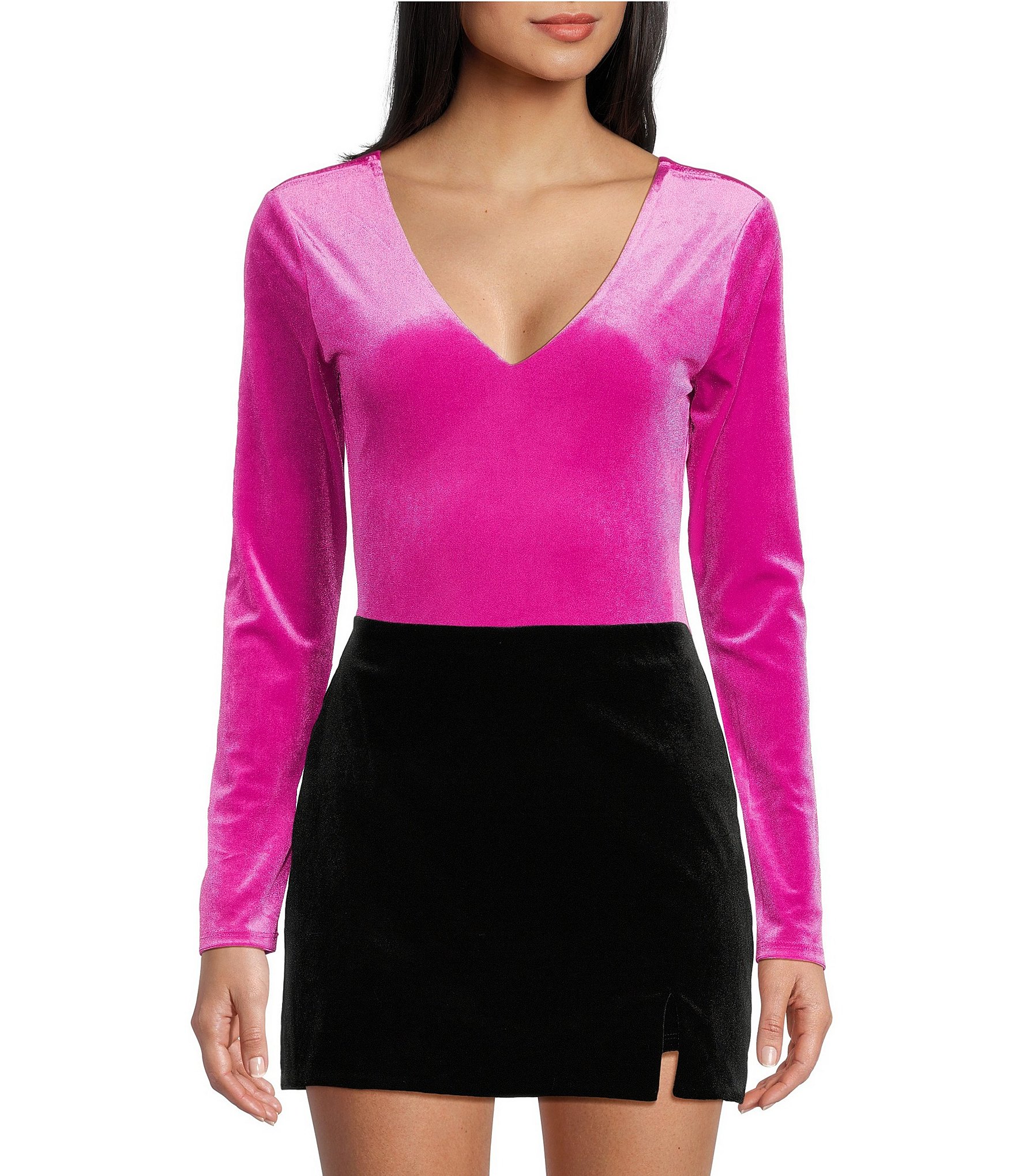 Blush Pink Bodysuit - Crushed Velvet Bodysuit - Long Sleeve Deep V