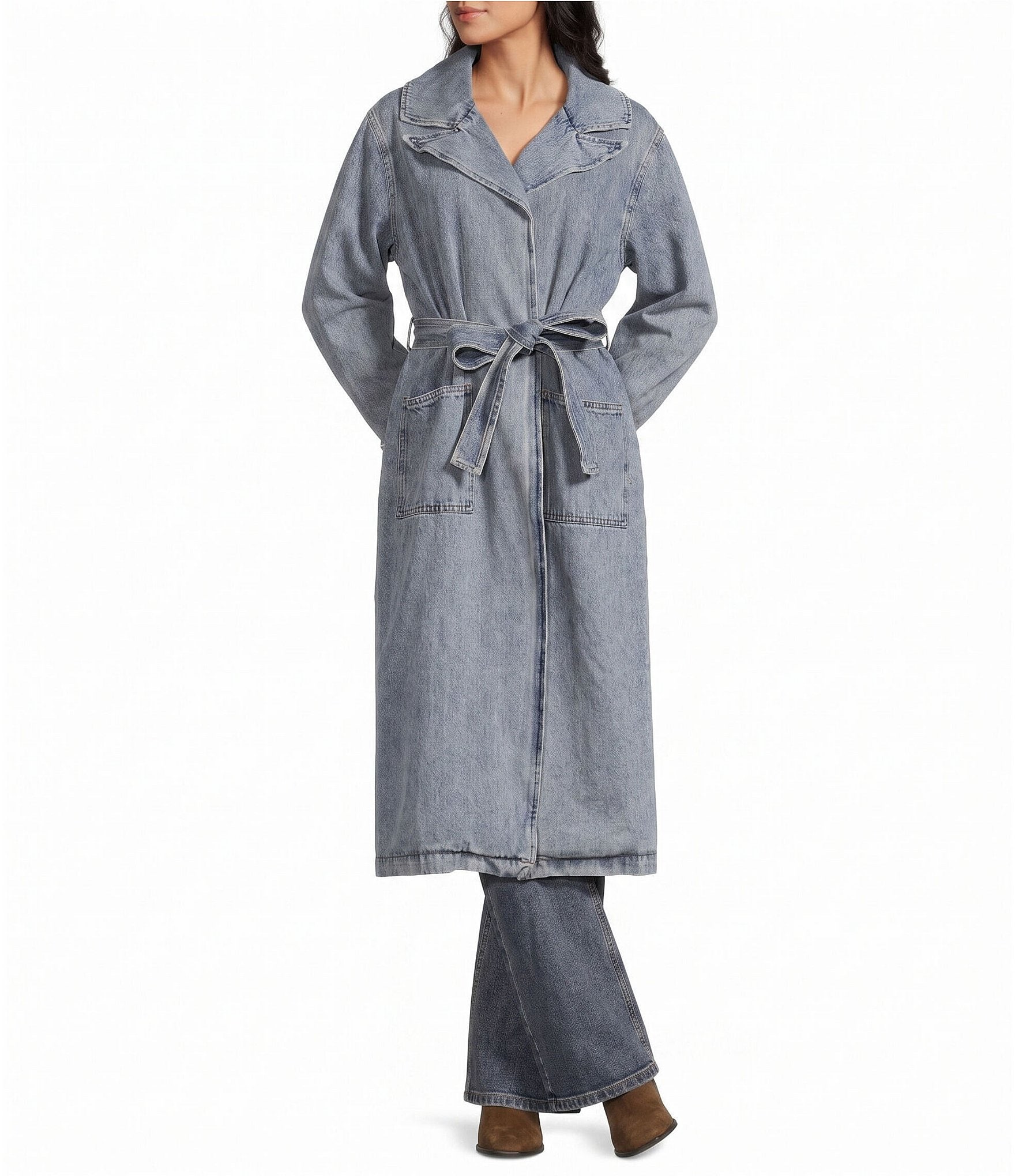 GB Meredith Denim Faux Fur Belted Trench Coat