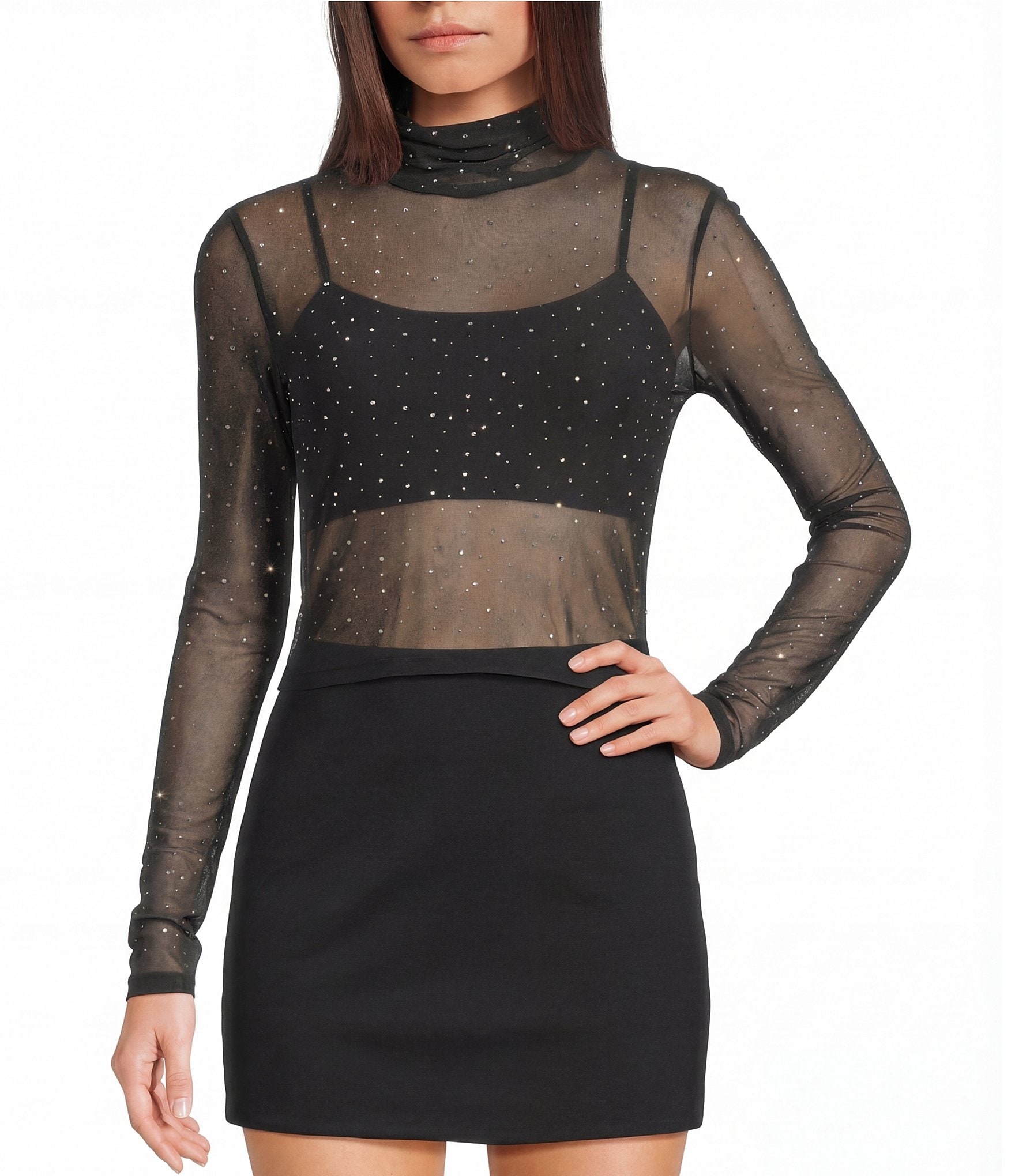 GB Mesh Bedazzled Turtleneck Top