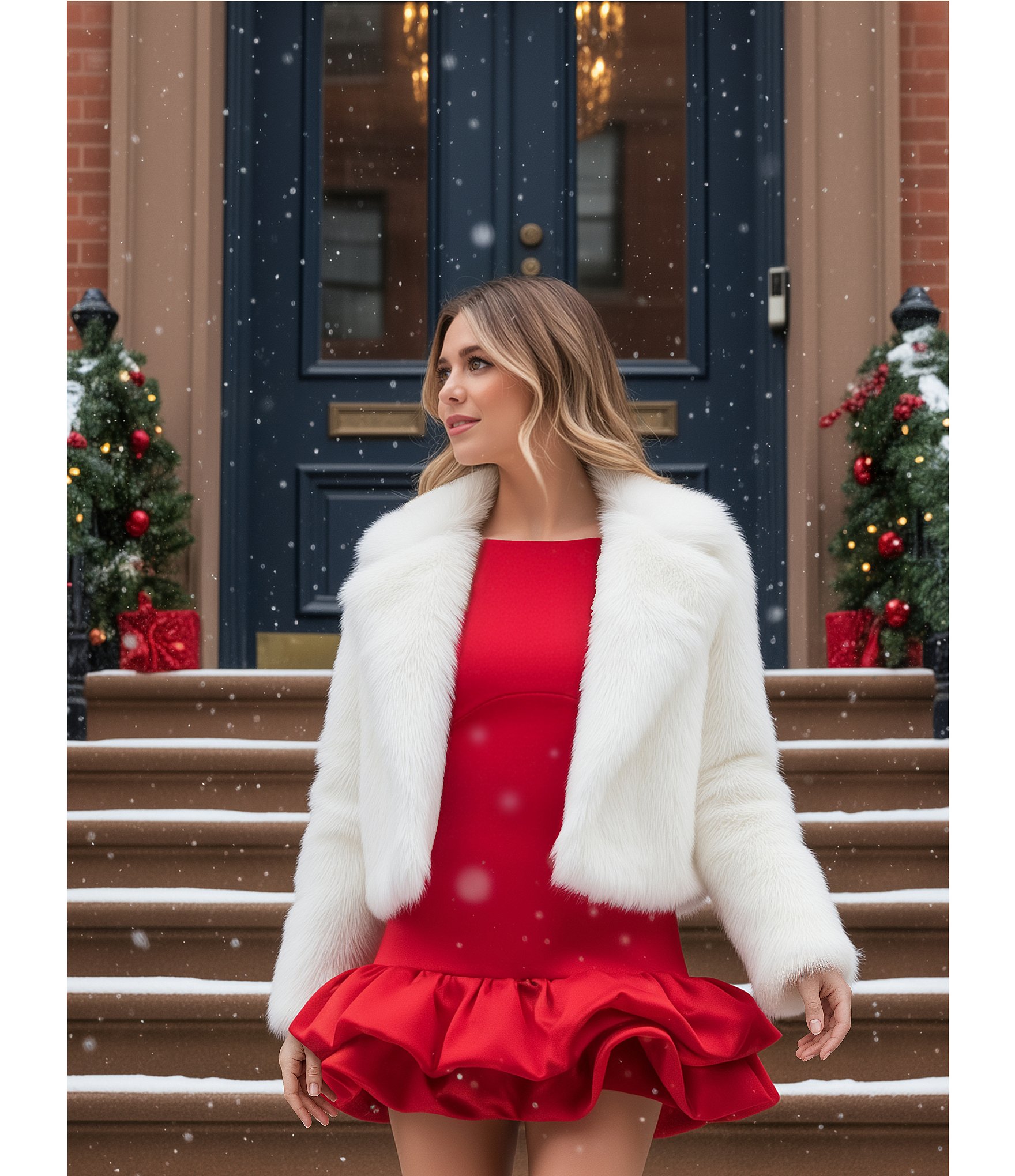 GB Notch Collar Solid Faux Fur Coat