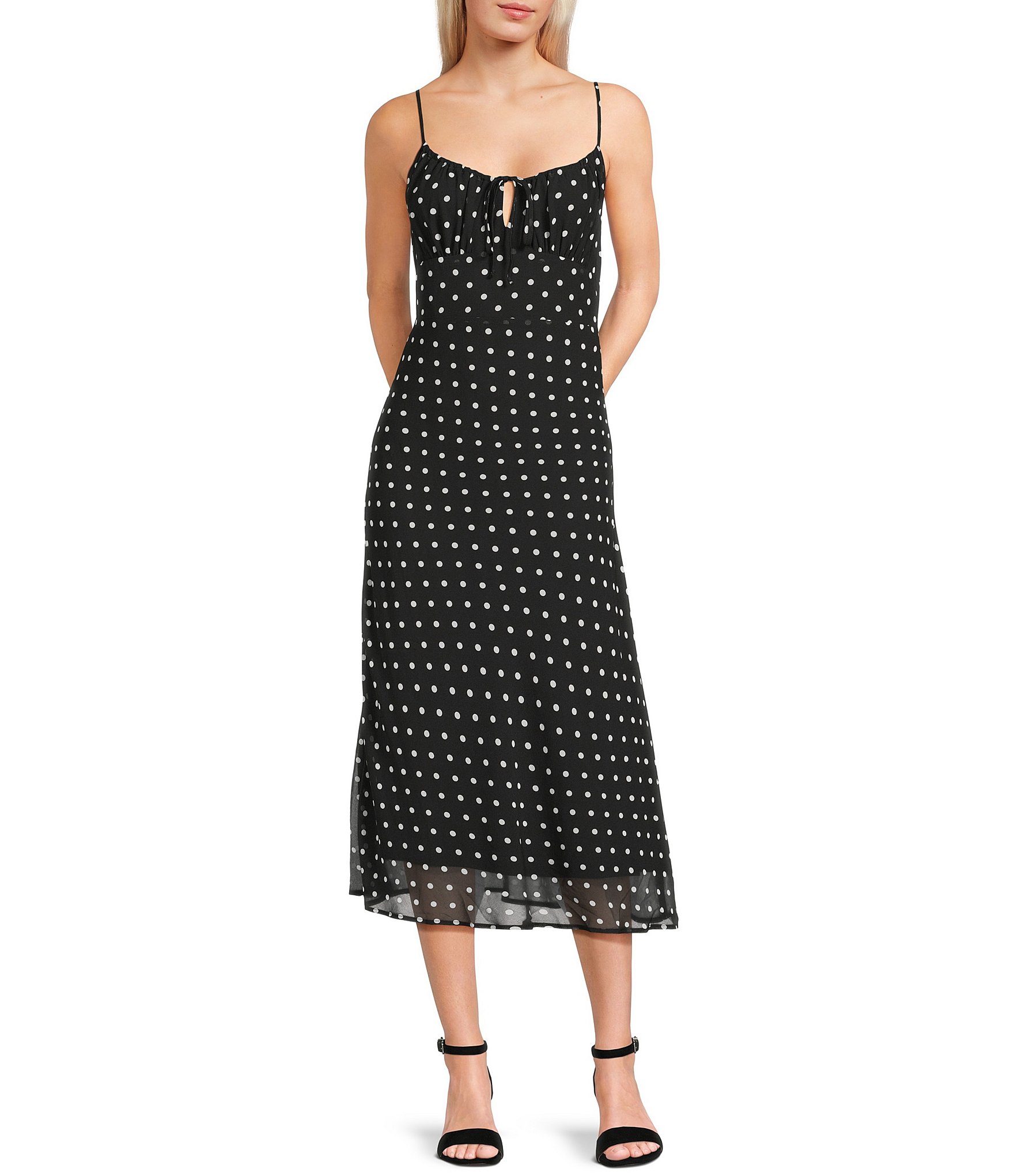 Dalton Midi Dress - Cowl Neck Tie Back Dress in Black/White Polkadot main image 1