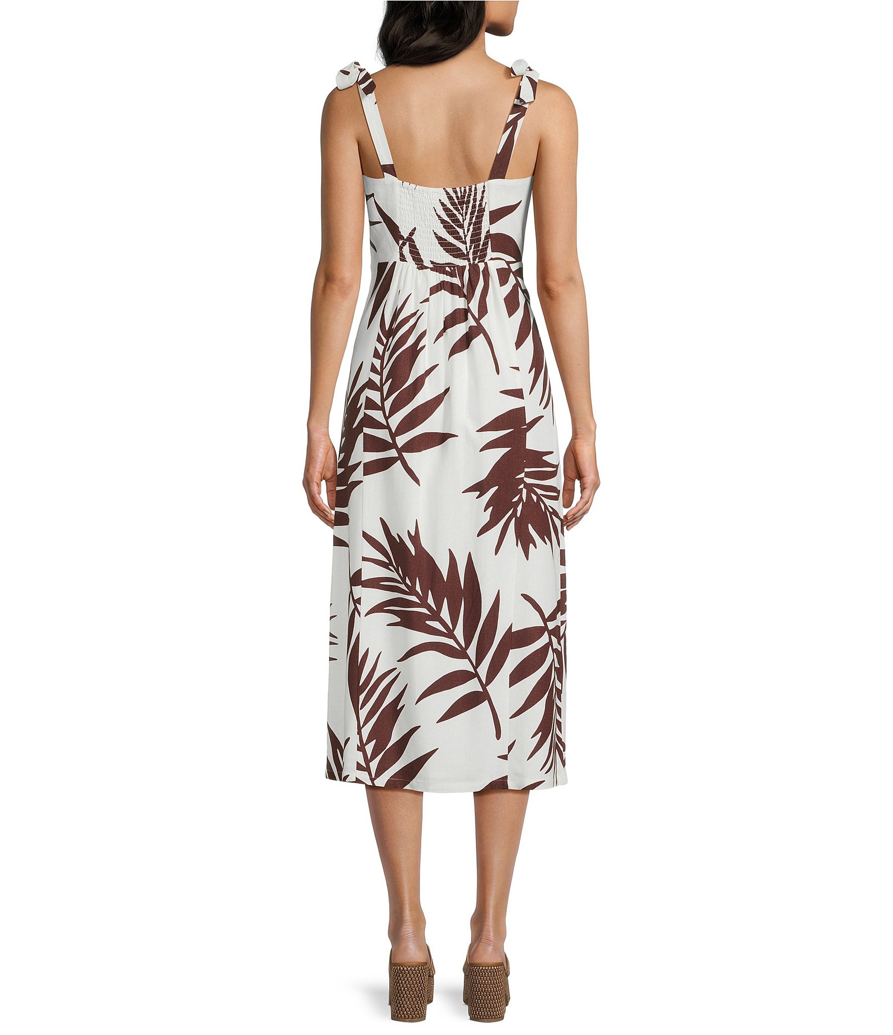 GB Printed Tie Shoulder Linen Blend Midi Dress