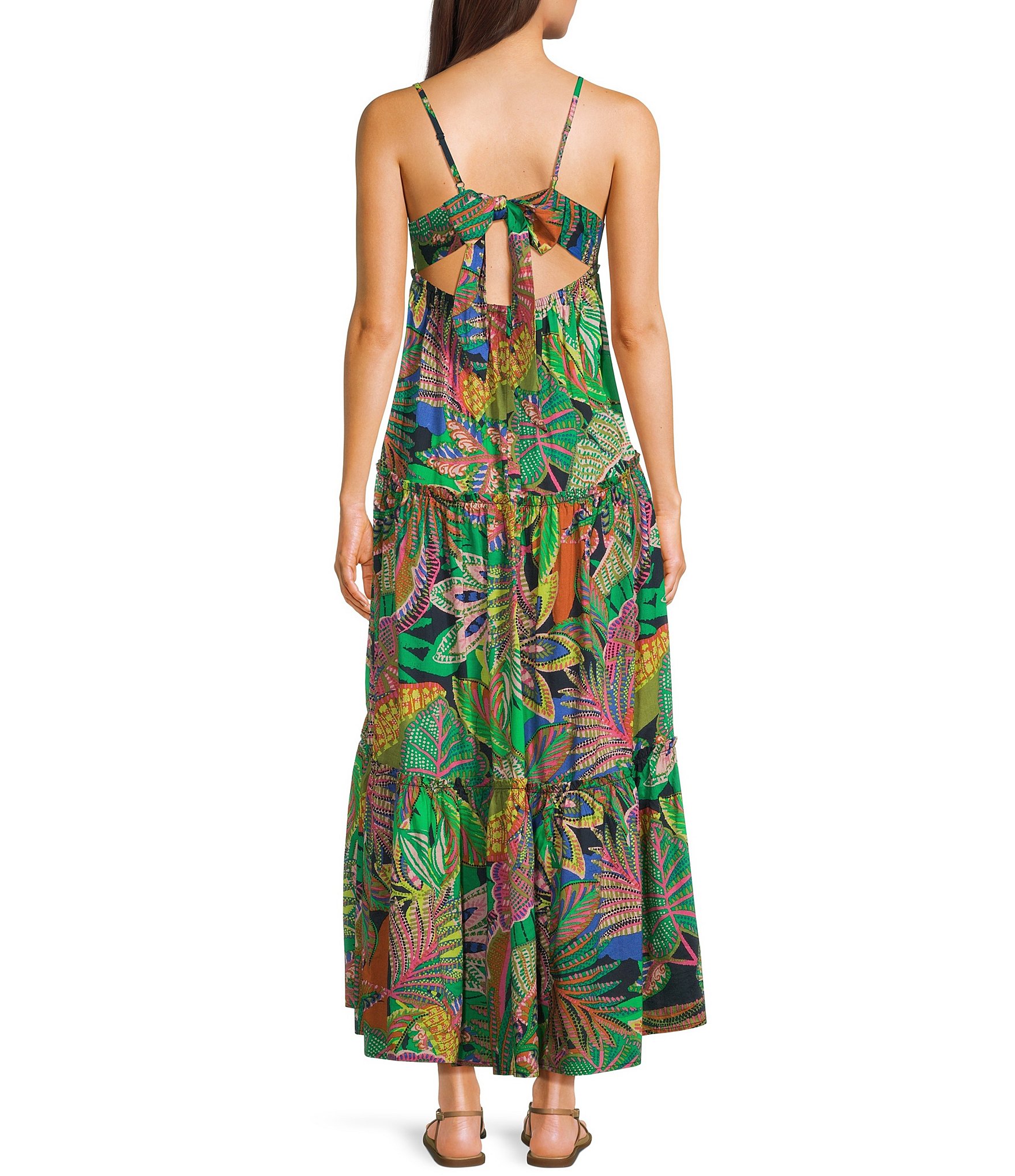 GB Leaf Print V-Neck Tie-Back Tiered A-Line Maxi Dress