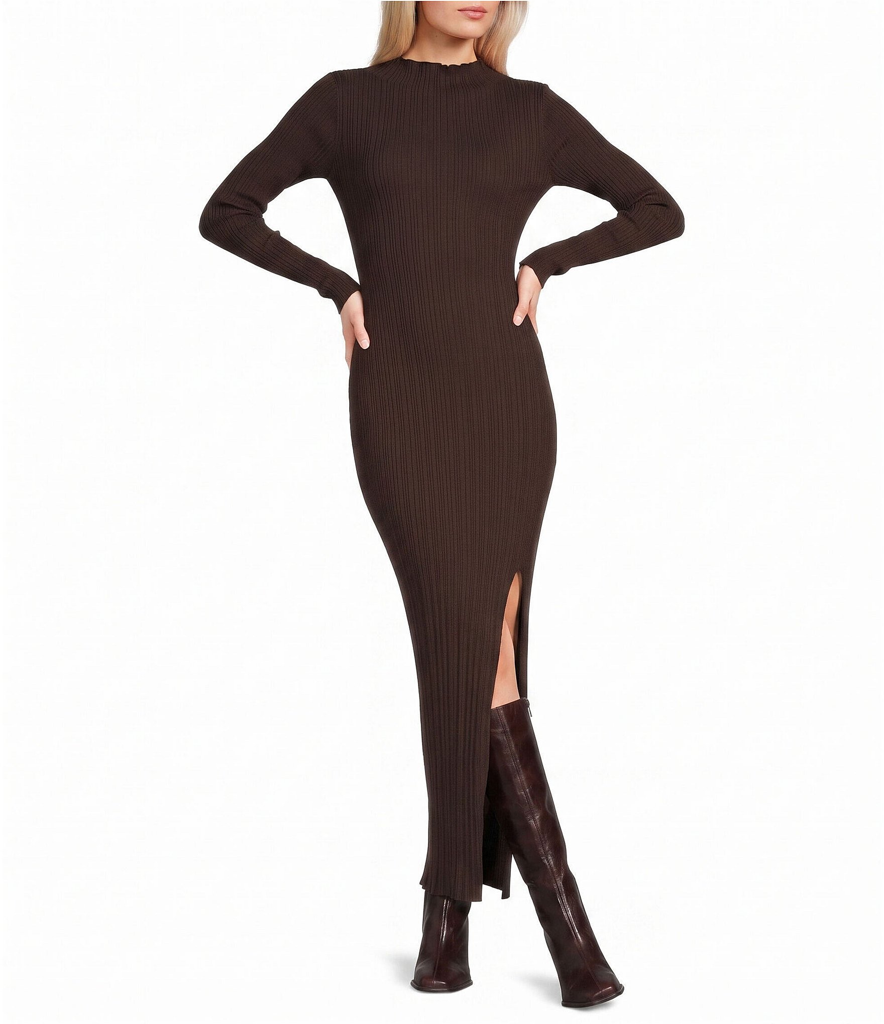 GB Ribbed Mock Neck Side Slit Maxi Dress