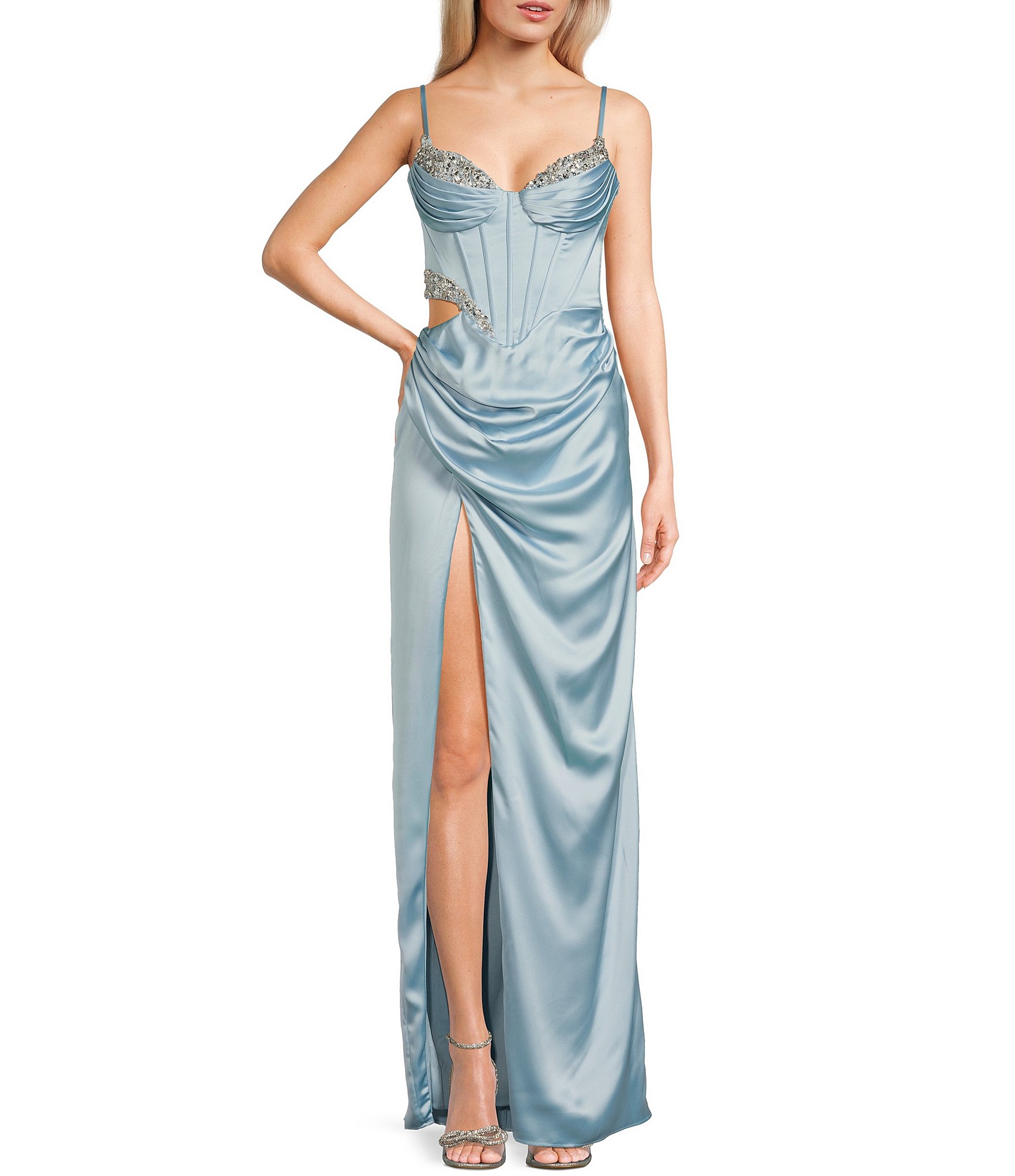 GB Satin Cutout Bejeweled Dress