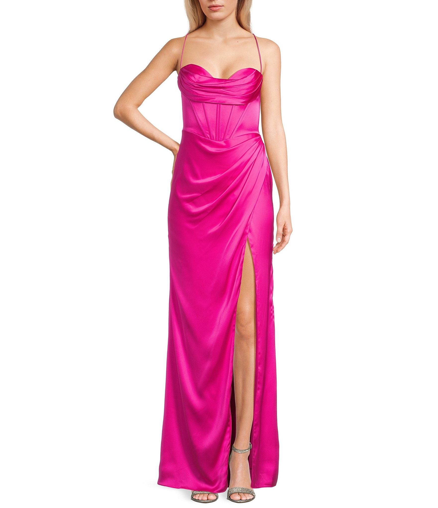 GB Social Corset Cowl Neck Lace-Up Back Slit Hem Satin Long