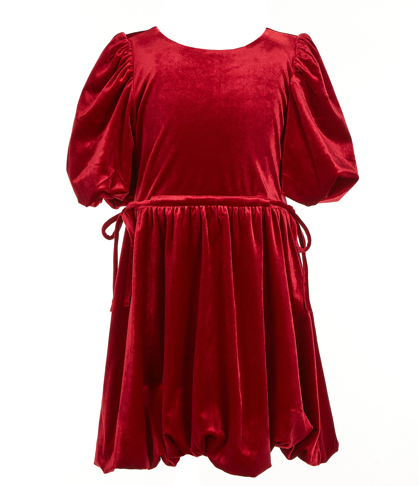 GB Social Little Girls Velvet Round Neck Short Bubble Sleeve Dress