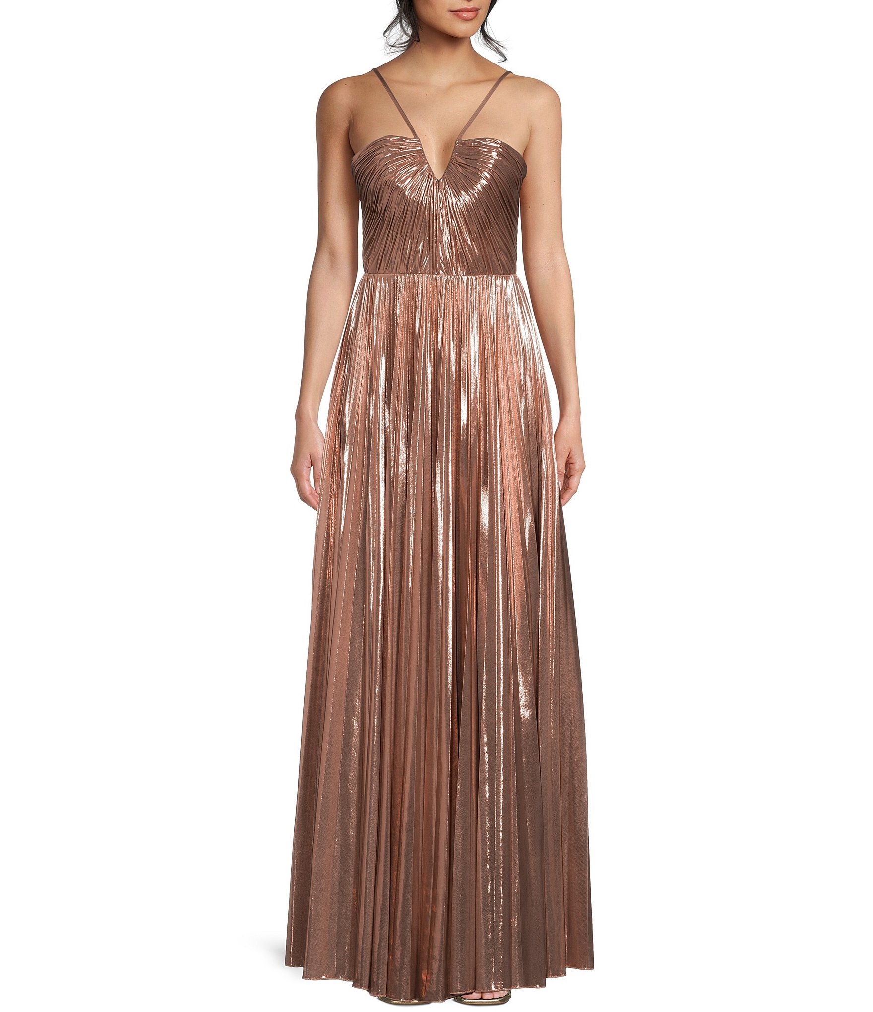 GB Social Pleated Metallic Split Neck Long Dress