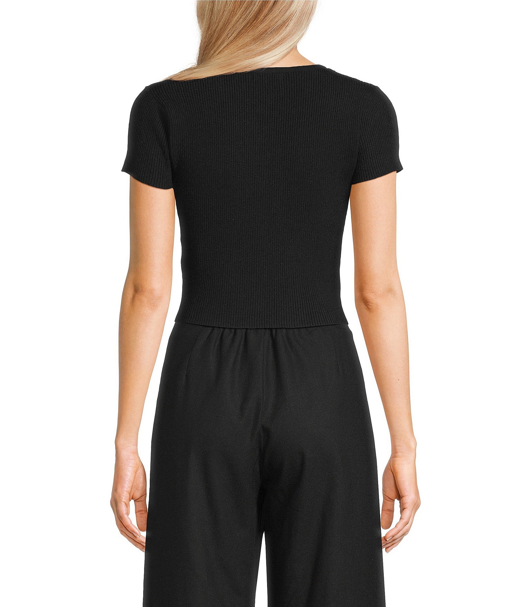 GB Solid Split Rib Crew Neck Short Sleeve Button Front Sweater Cardigan