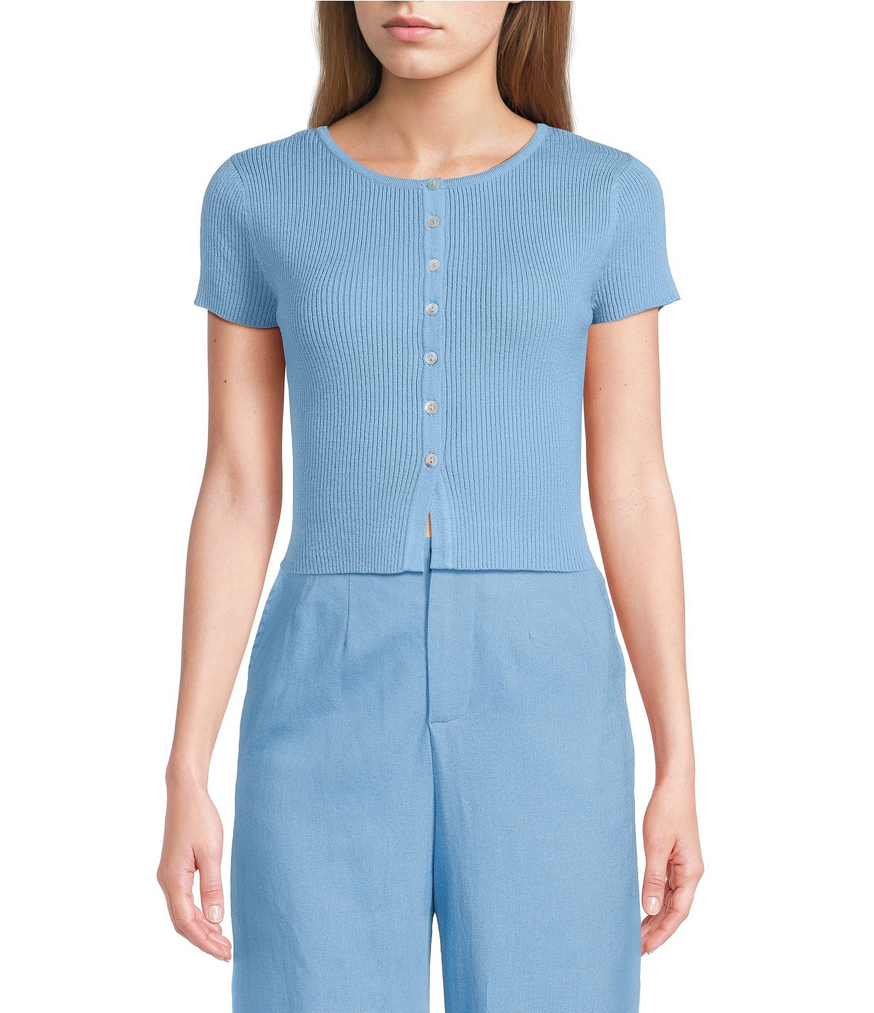 GB Solid Split Rib Crew Neck Short Sleeve Button Front Sweater Cardigan