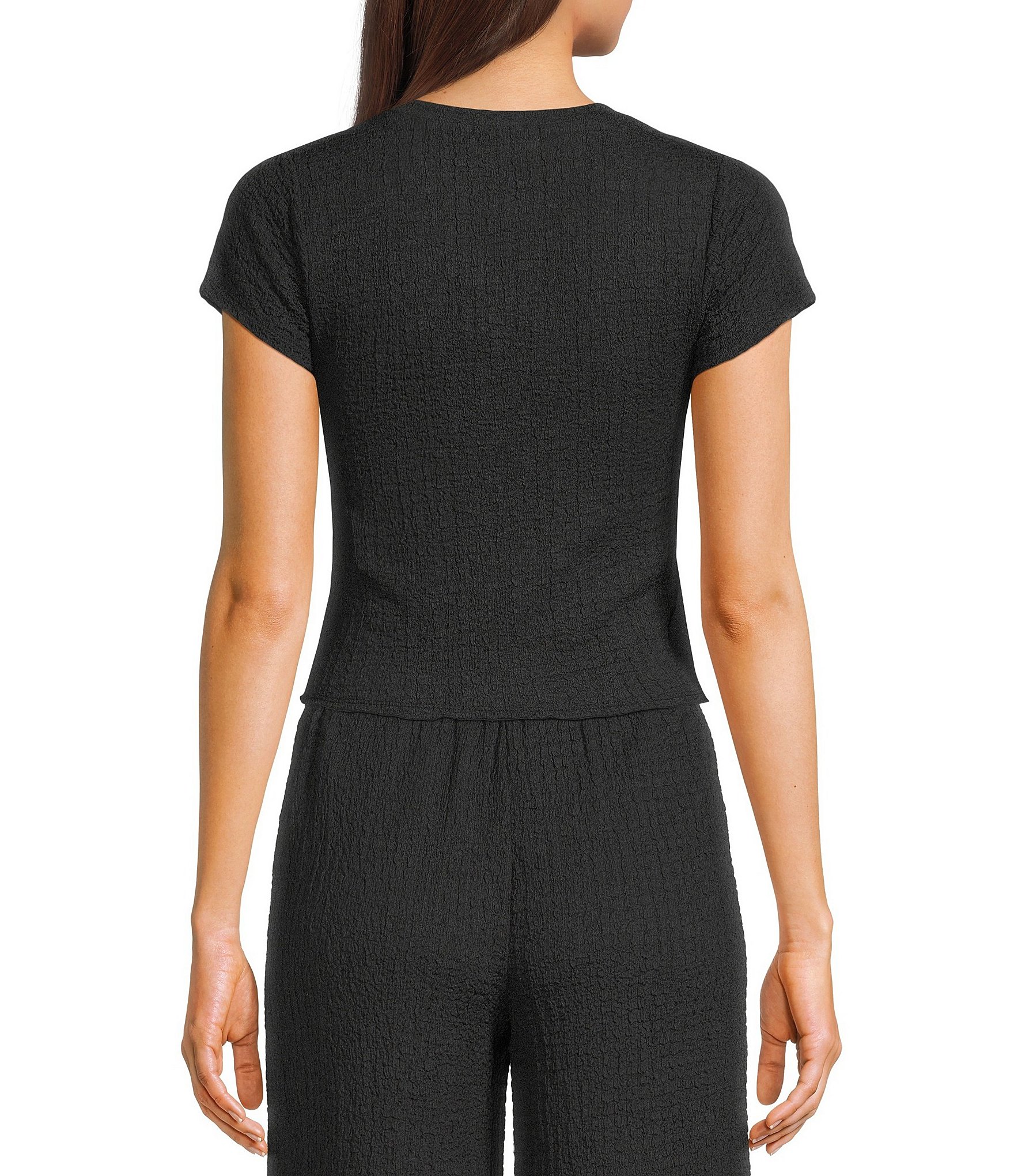 GB Solid Textured Knit Coordinating Crew Neck Cap Sleeve Pucker T-Shirt