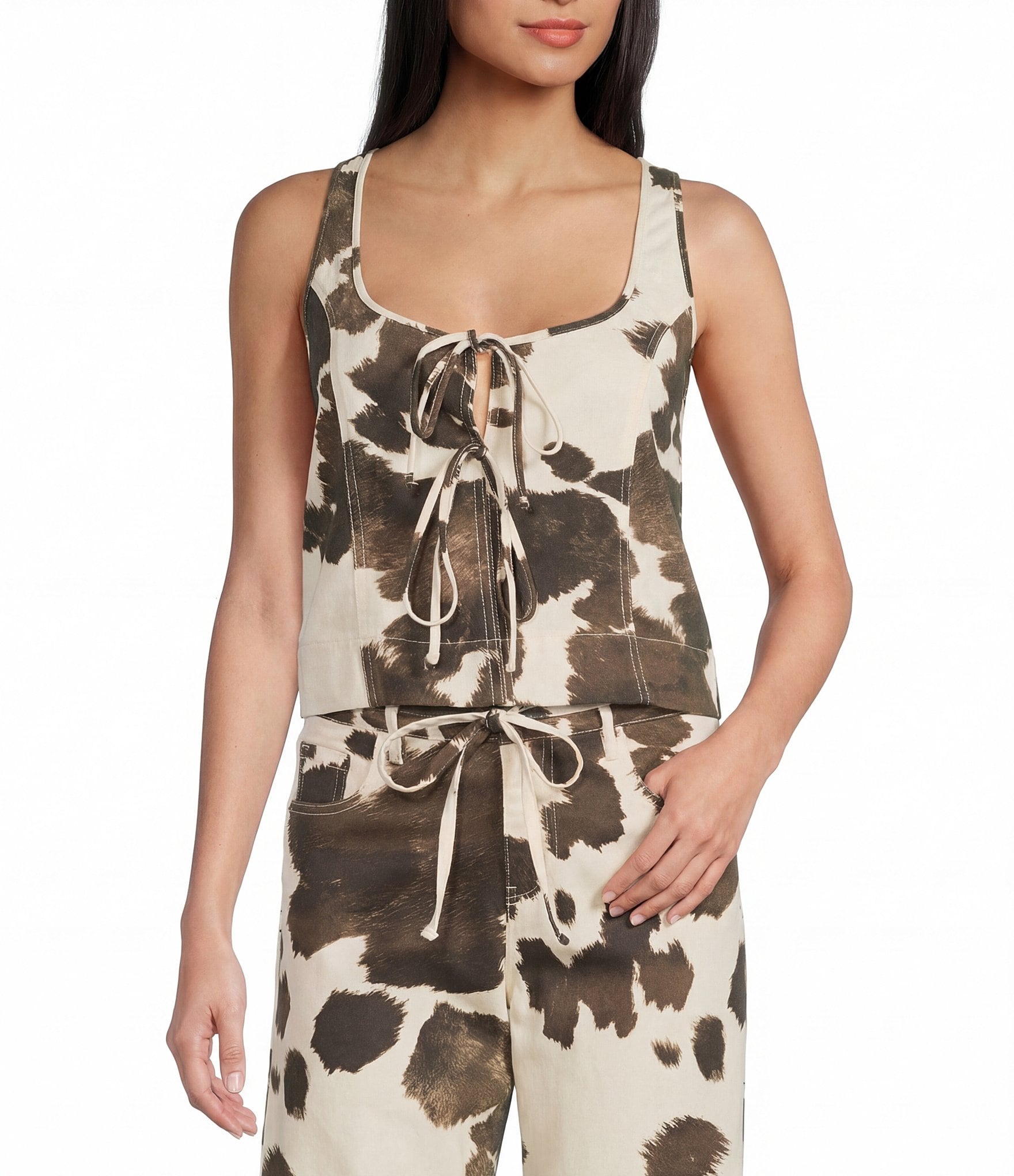 GB Tie Front Cow Print Coordinating Tank Top