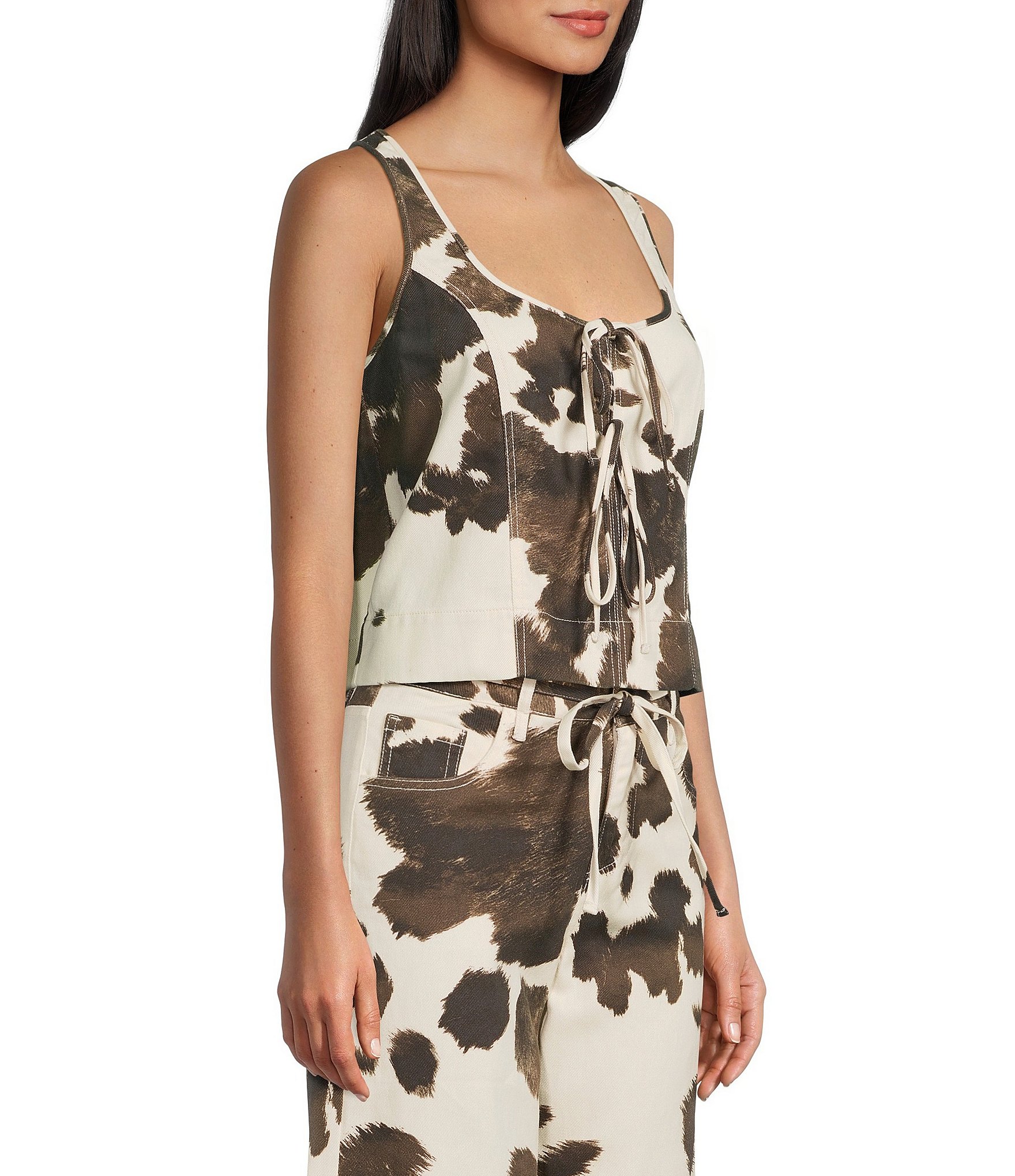 GB Tie Front Cow Print Coordinating Tank Top