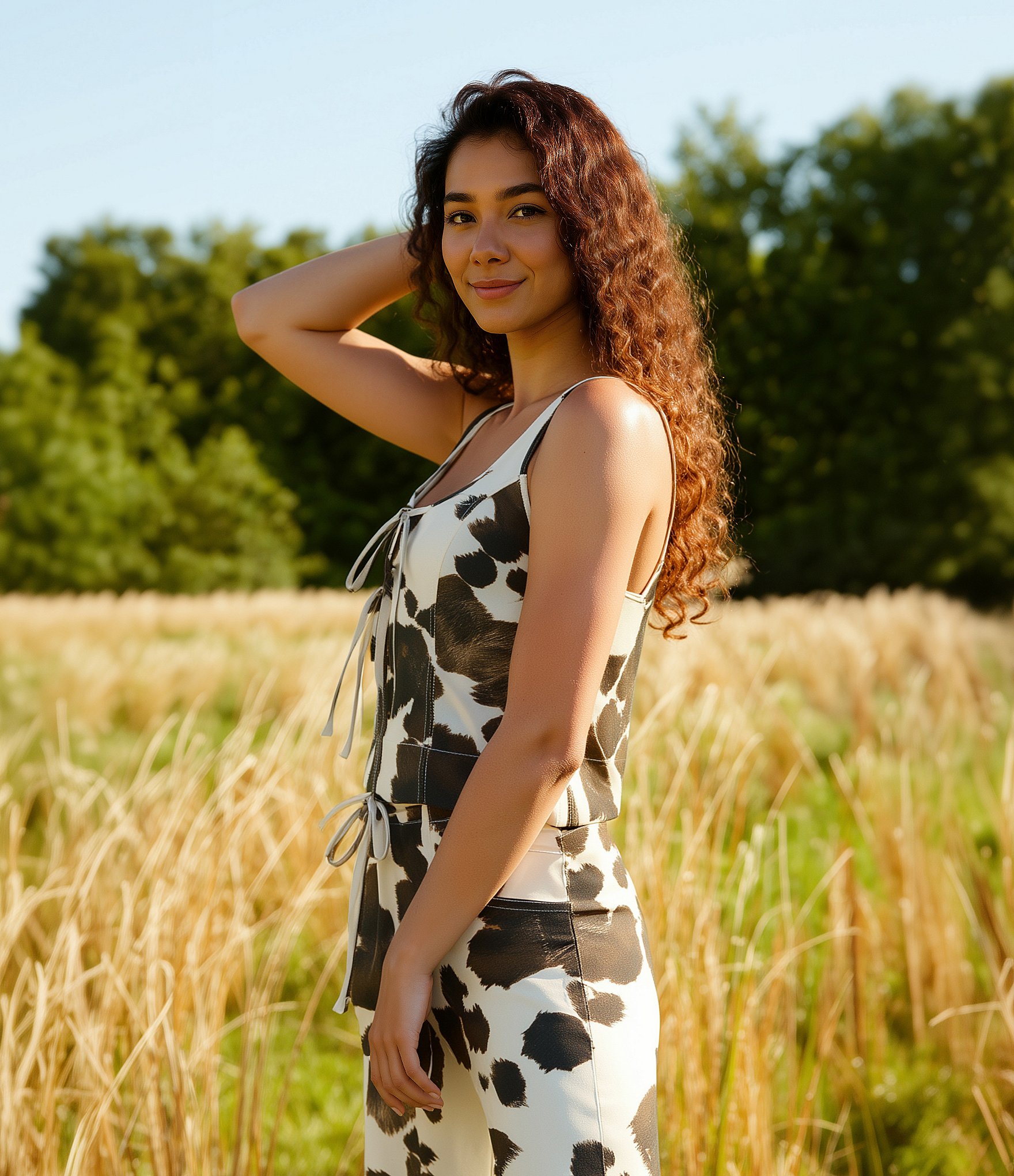 GB Tie Front Cow Print Coordinating Tank Top