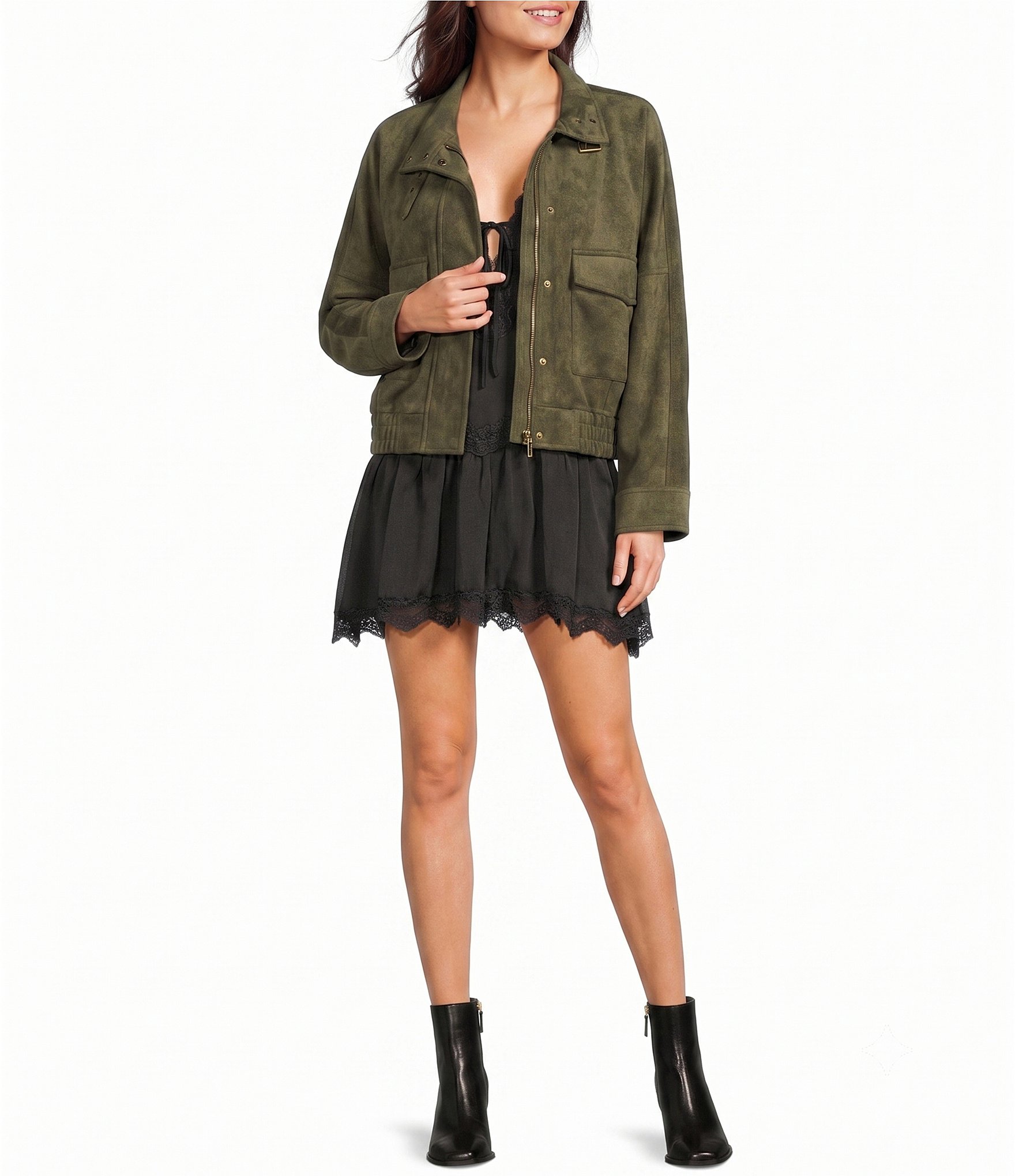 GB Tie Front V-Neck Lace Trim Mini Dress