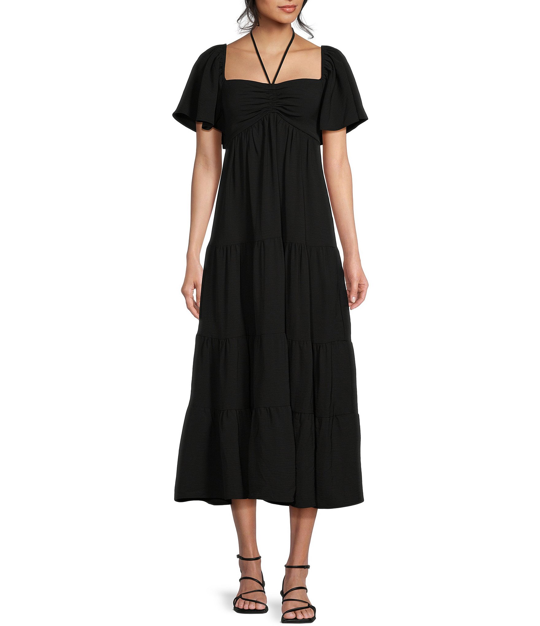 GB Tie Neck Short Sleeve Tiered Maxi Dress | Dillard's