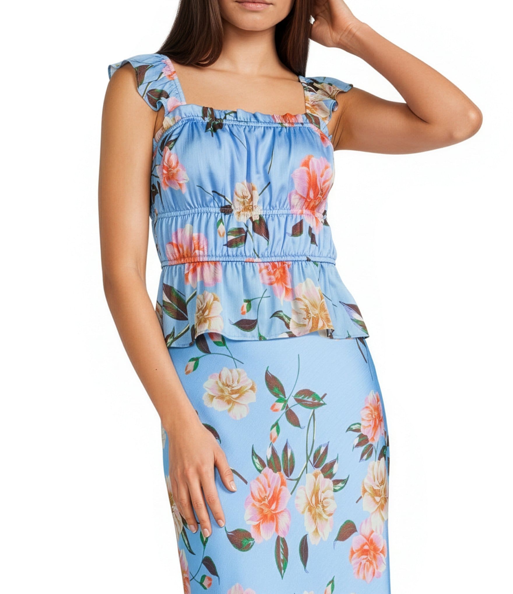 GB Woven Blue Floral Print Coordinating Satin Tank