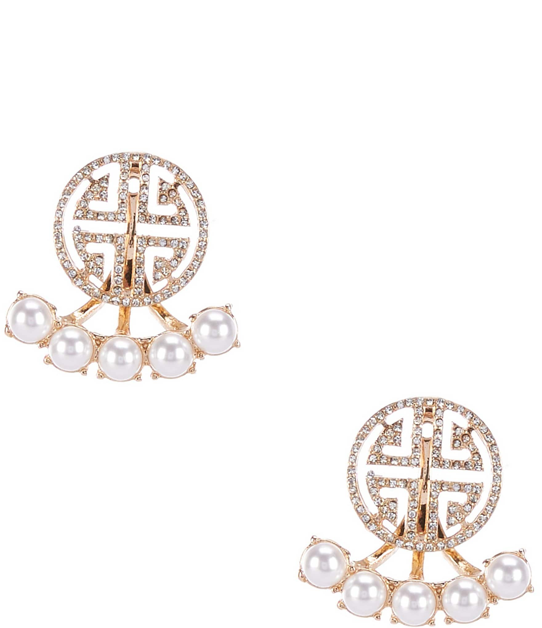 Gemma Layne Geometric Pave Rhinestone and Pearl Drop Front Back Earrings