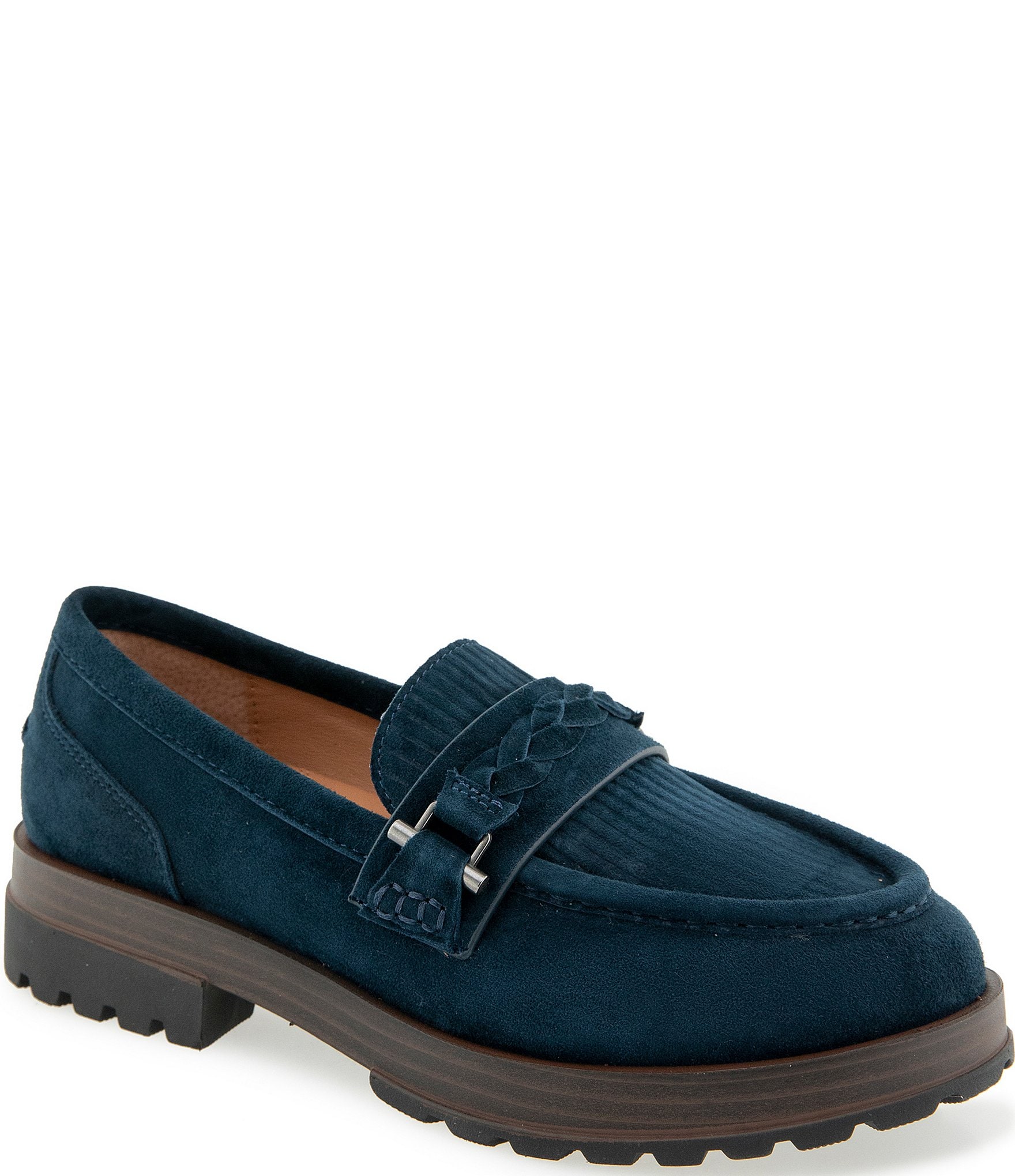 Gentle Souls Polly Suede Ribbed Vamp Braided Strap Lug Sole Loafers