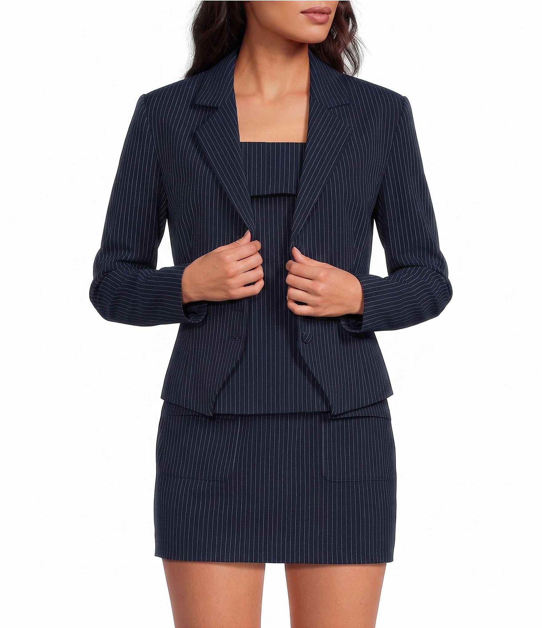 Gianni Bini Briar Pinstripe Printed Notched Lapel Collar Long Sleeve Coordinating Cropped Blazer Jacket