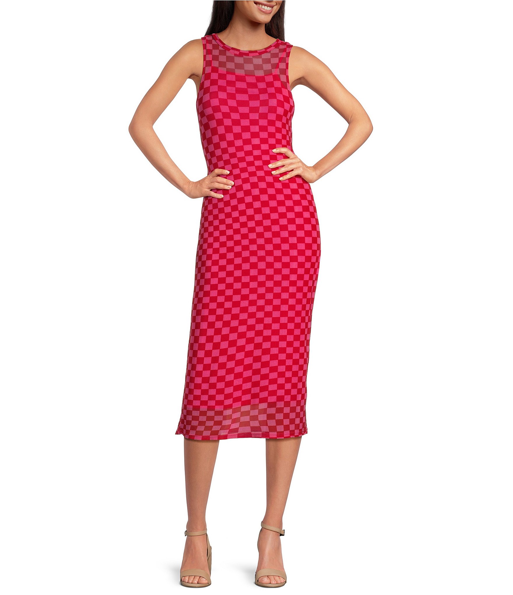 Gianni Bini Cara Check Print Mesh Crew Neck Sleeveless Midi Dress Dillards 7078