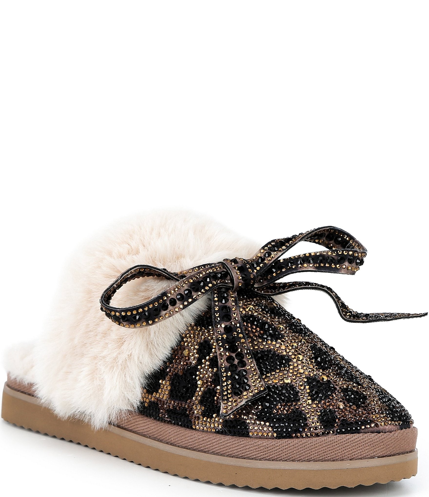 Gianni Bini Cheeree Leopard Embellished Rhinestone Bow Faux Fur Slippers