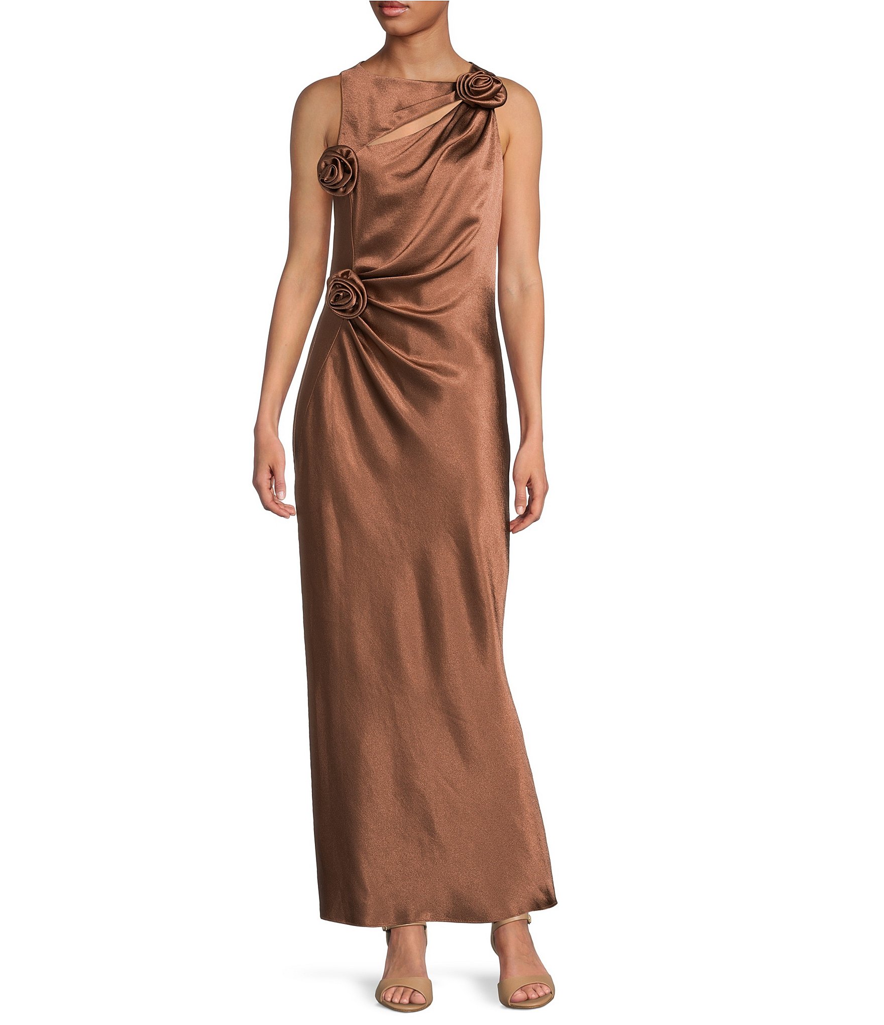 Gianni Bini Cheyanne Satin 3D Rosettes Cutout Round Neck Sleeveless Ruched Slip Maxi Dress