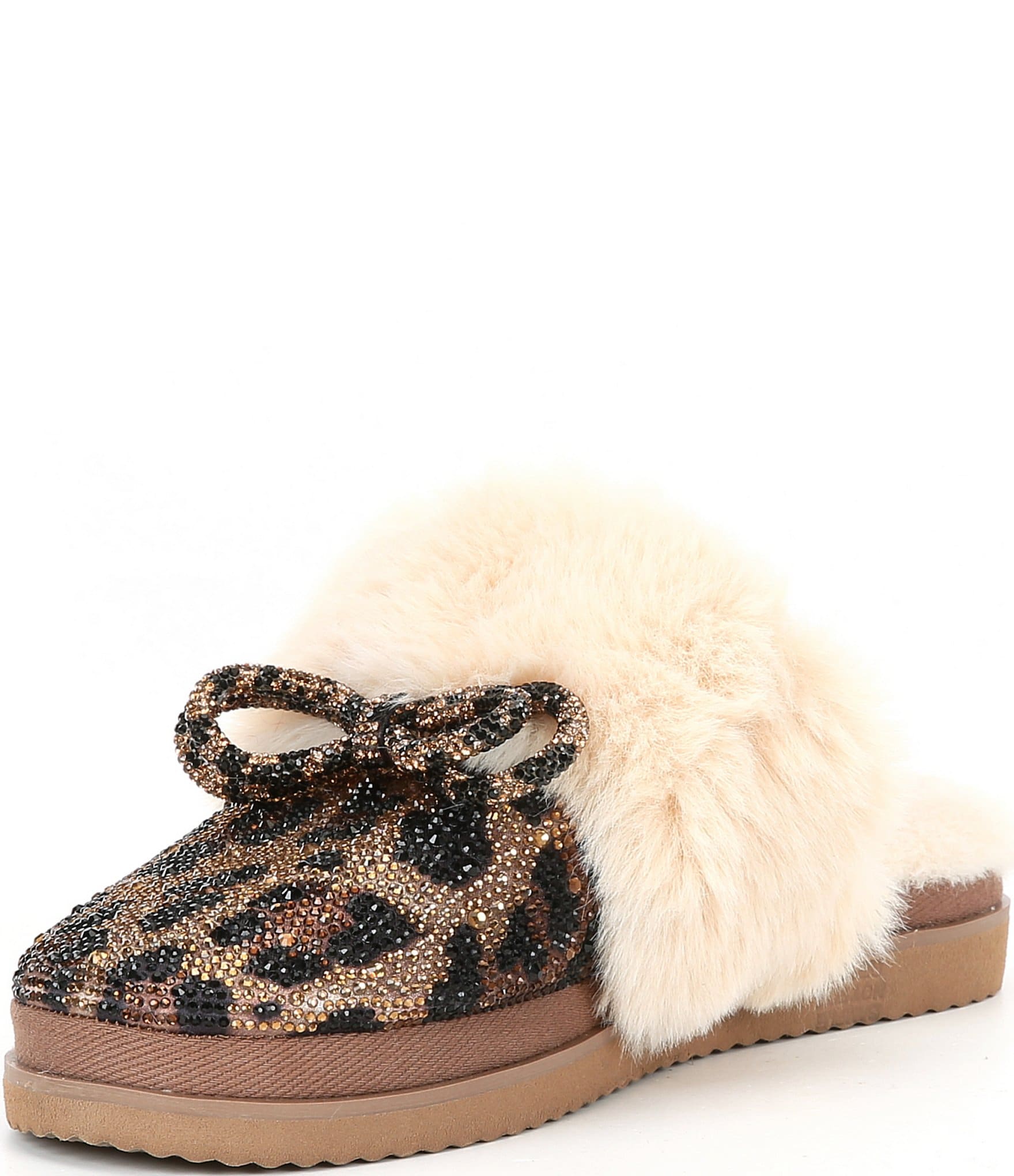 Gianni Bini Comfiee Four Leopard Embellished Rhinestone Bow Faux Fur Slippers