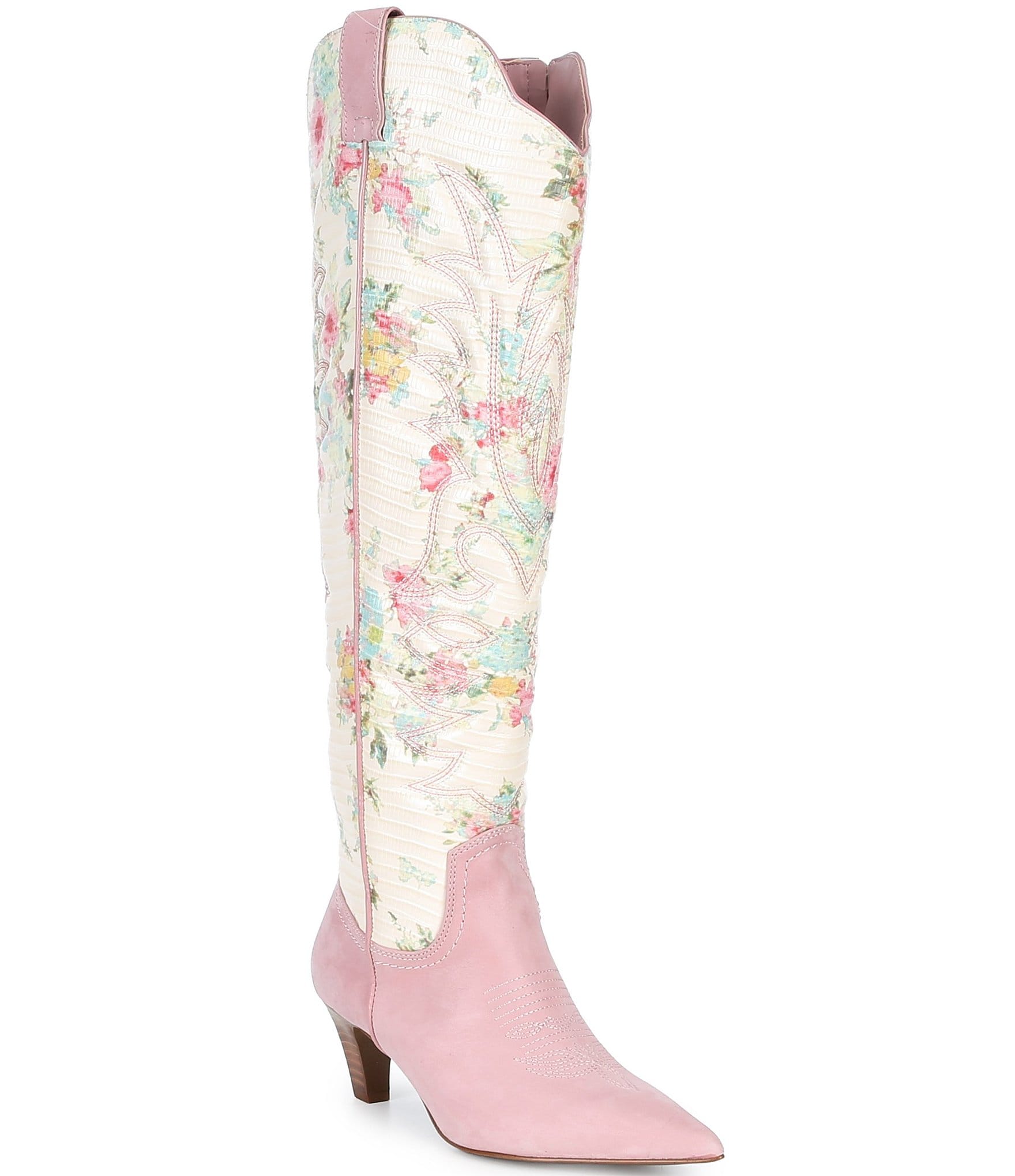 Gianni Bini Eddie Western Floral Printed Leather Kitten Heel Boots