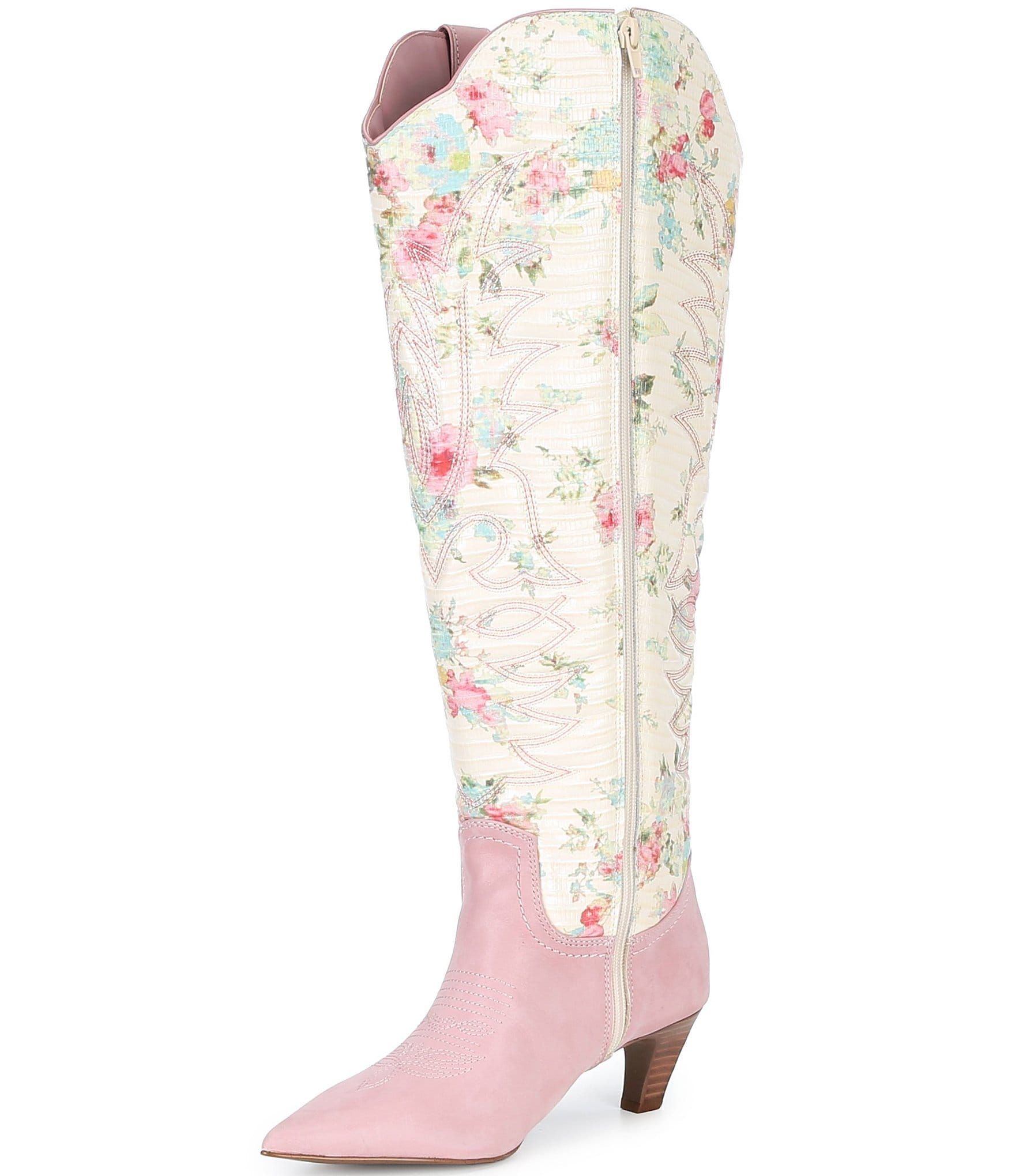 Gianni Bini Eddie Western Floral Printed Leather Kitten Heel Boots