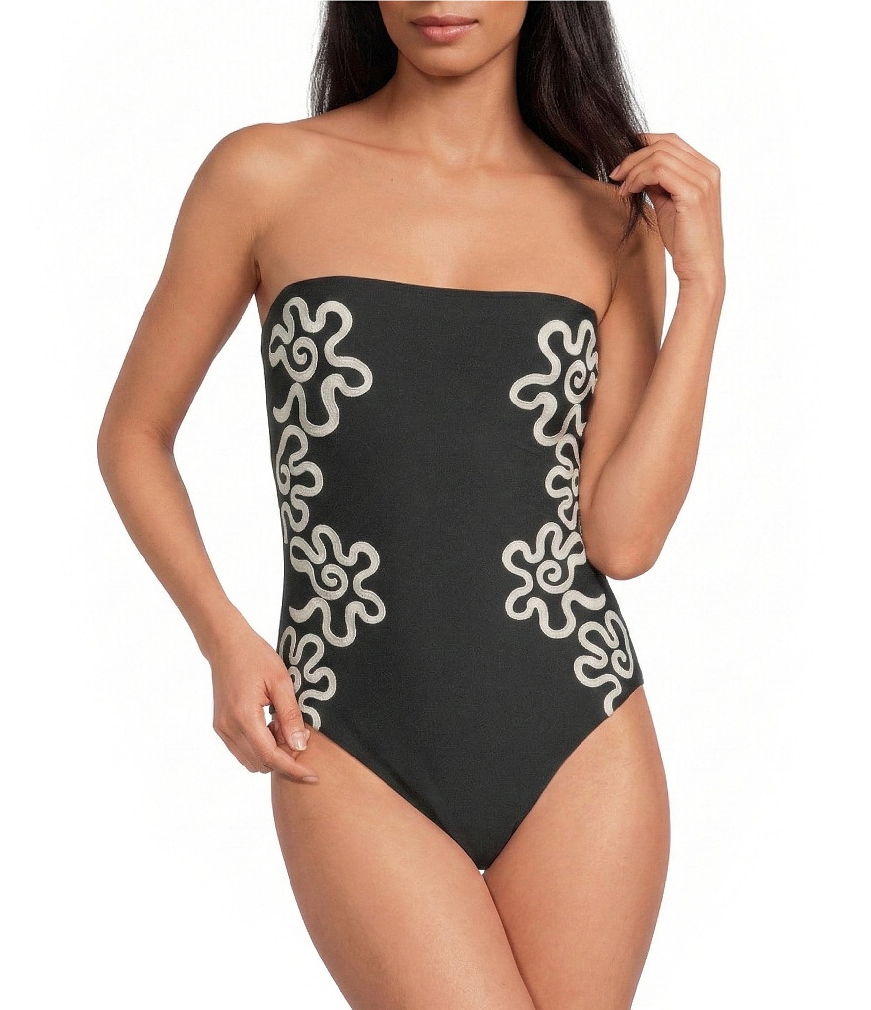 Gianni Bini Embroidered Detachable Strap Bandeau One Piece Swimsuit