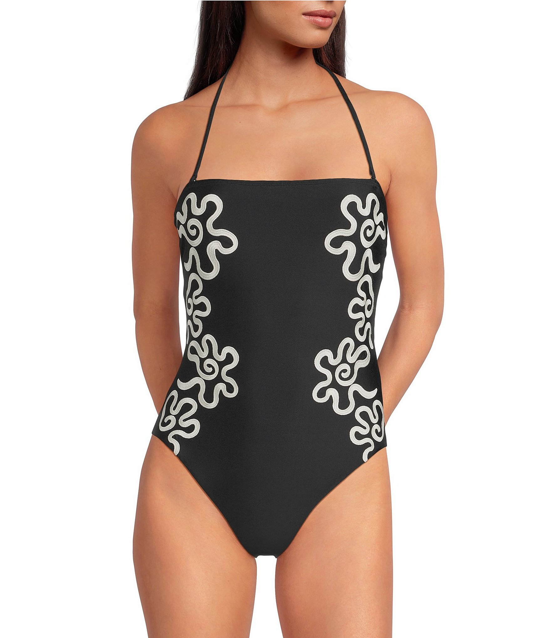 Gianni Bini Embroidered Detachable Strap Bandeau One Piece Swimsuit