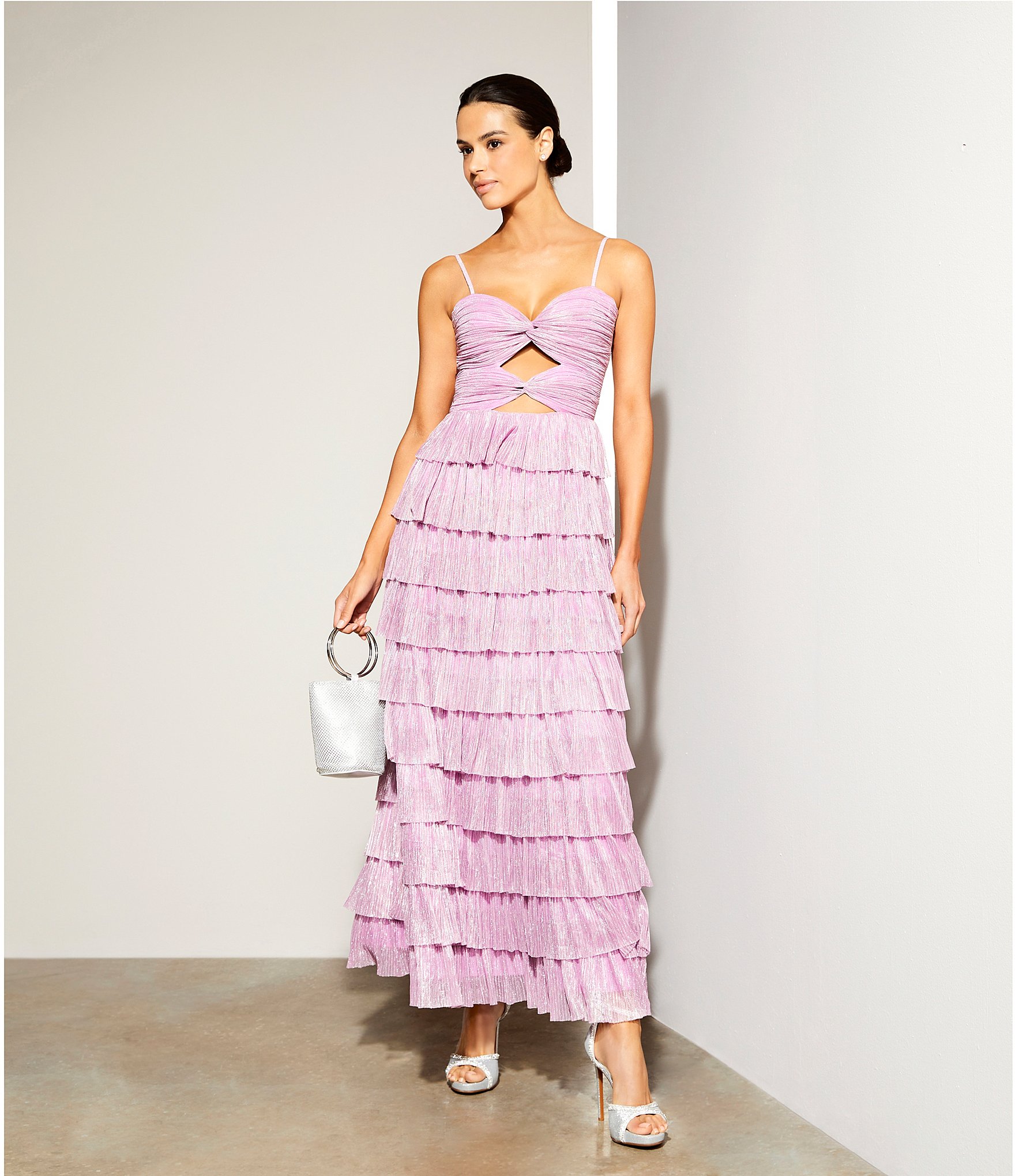 Gianni Bini Grace Metallic Plisse Sweetheart Neck Cut-Out Tiered Dress