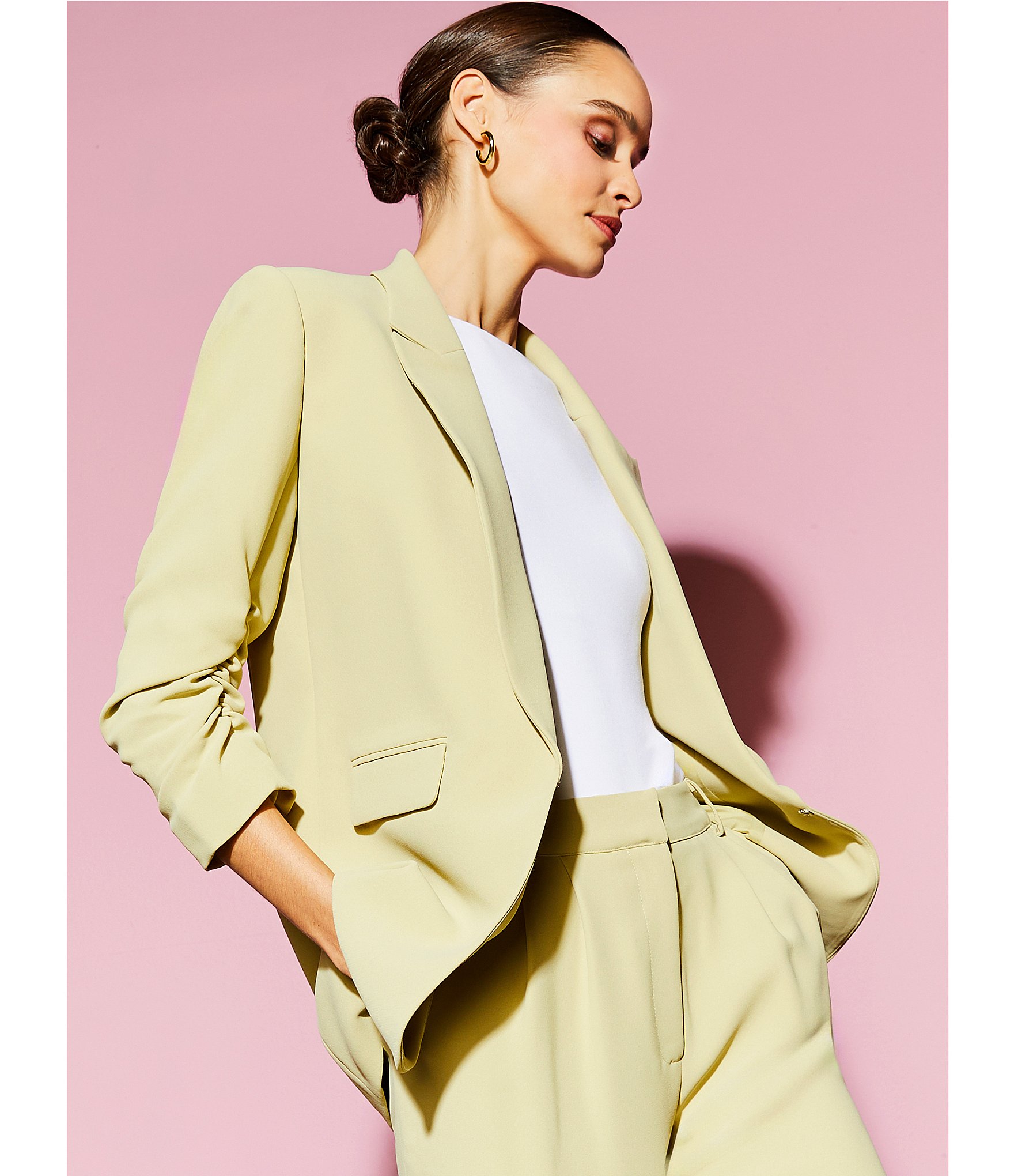 Gianni Bini Jemma Ruched 3/4 Sleeve Shawl Collar Twill Boyfriend Blazer