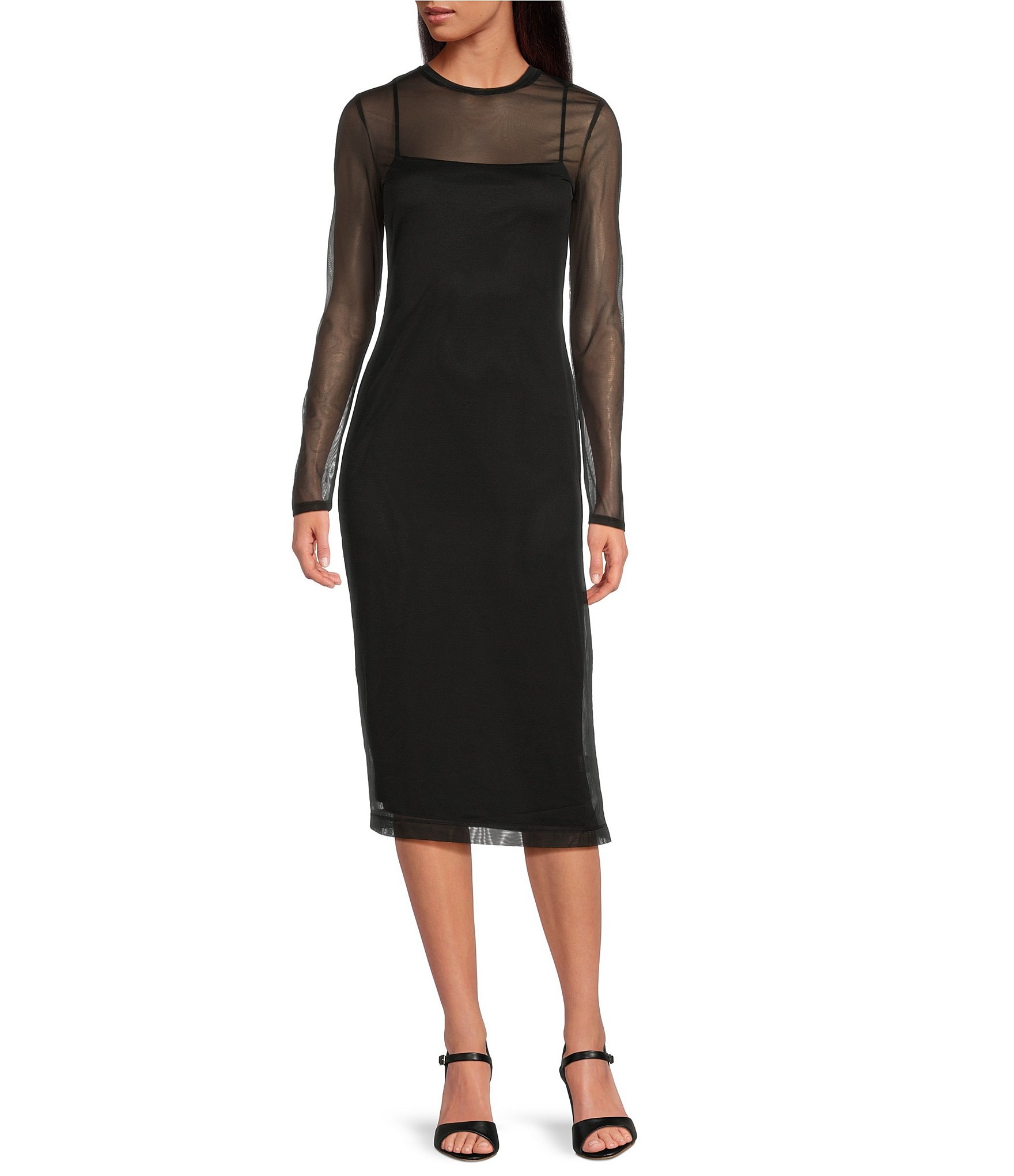 Gianni Bini Jordy Mesh Long Sleeve Crew Neck Slip Dress