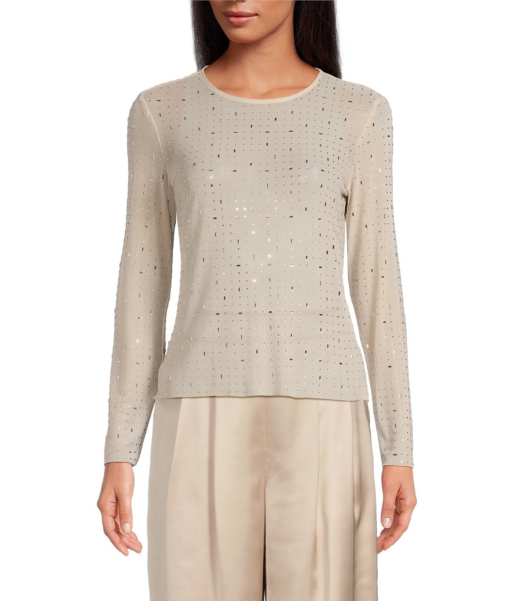 Gianni Bini Junie Rhinestone Mesh Crew Neck Long Sleeve Crop